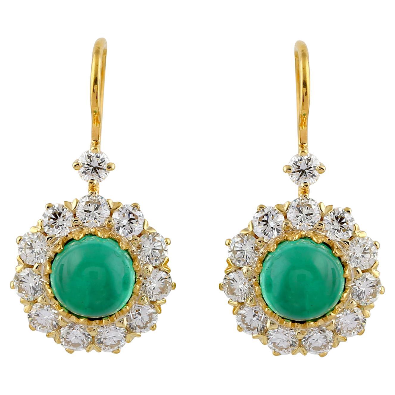 Classic Cabochon Round Emerald and Diamond Drop Earrings in 18K Yellow Gold For Sale