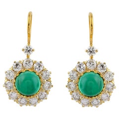 Classic Cabochon Round Emerald and Diamond Drop Earrings in 18K Yellow Gold