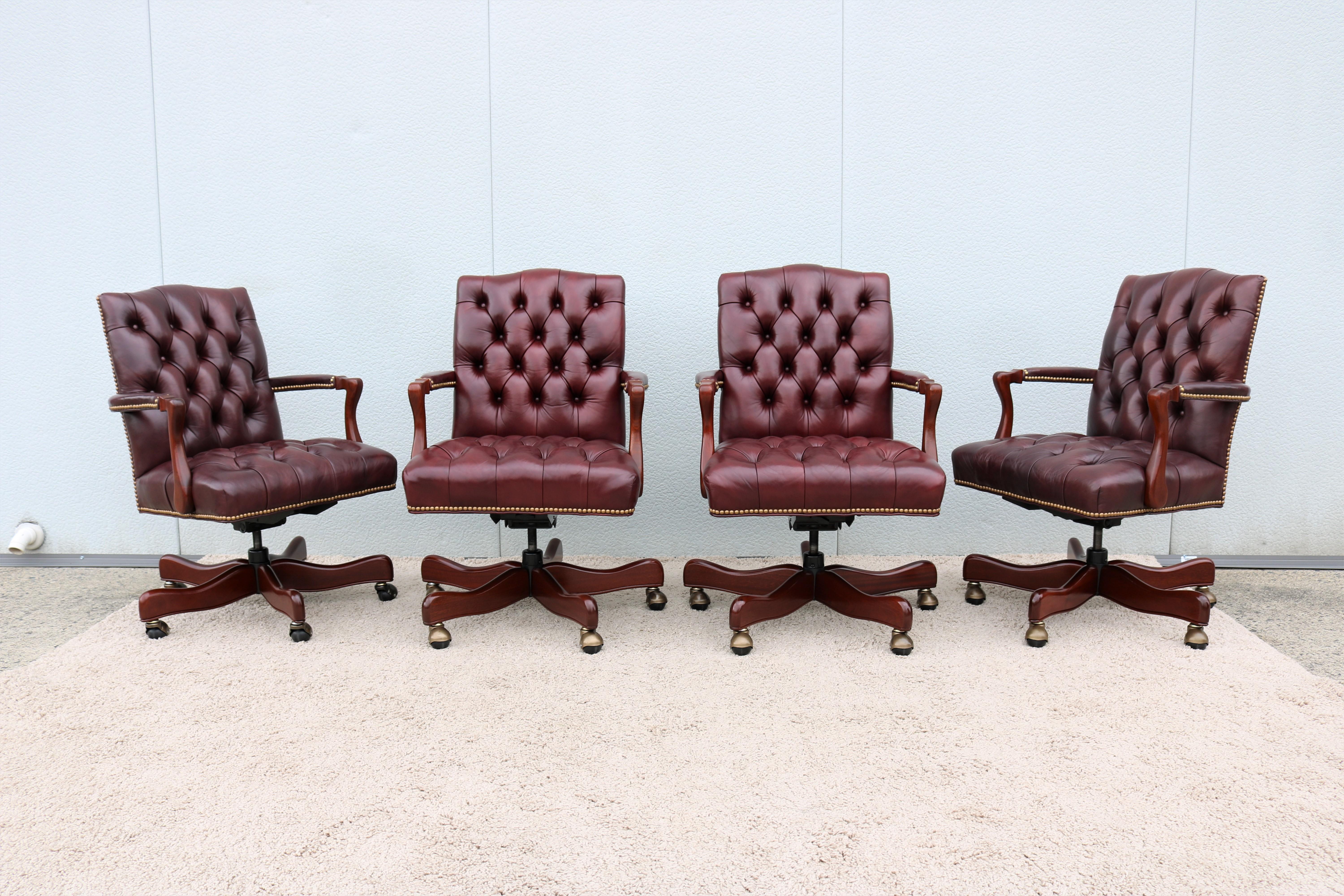 Brass Classic Cabot Wrenn Graham Tufted Burgundy Leather Executive Swivel Desk Chair For Sale