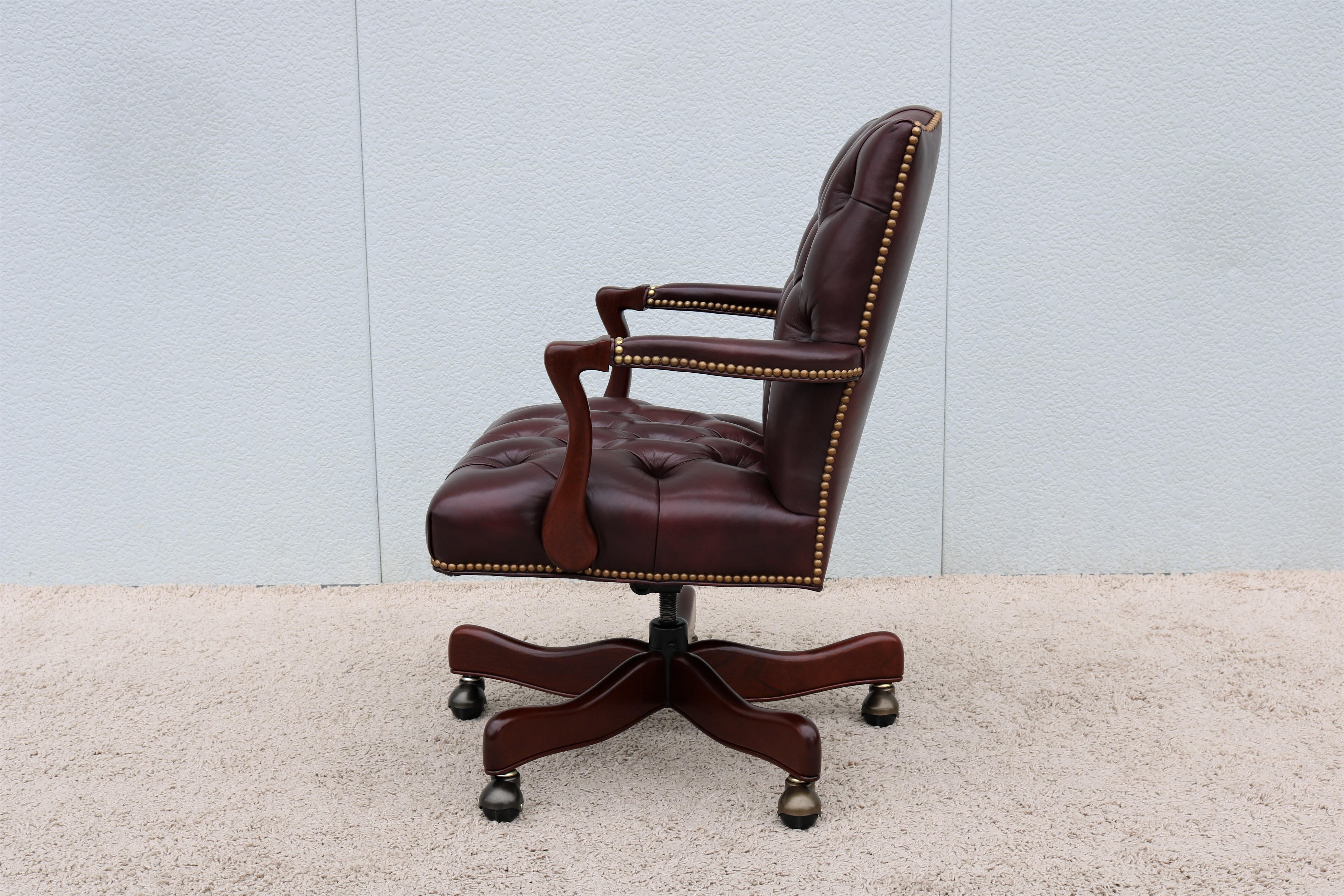 Hand-Carved Classic Cabot Wrenn Graham Tufted Burgundy Leather Executive Swivel Desk Chair For Sale