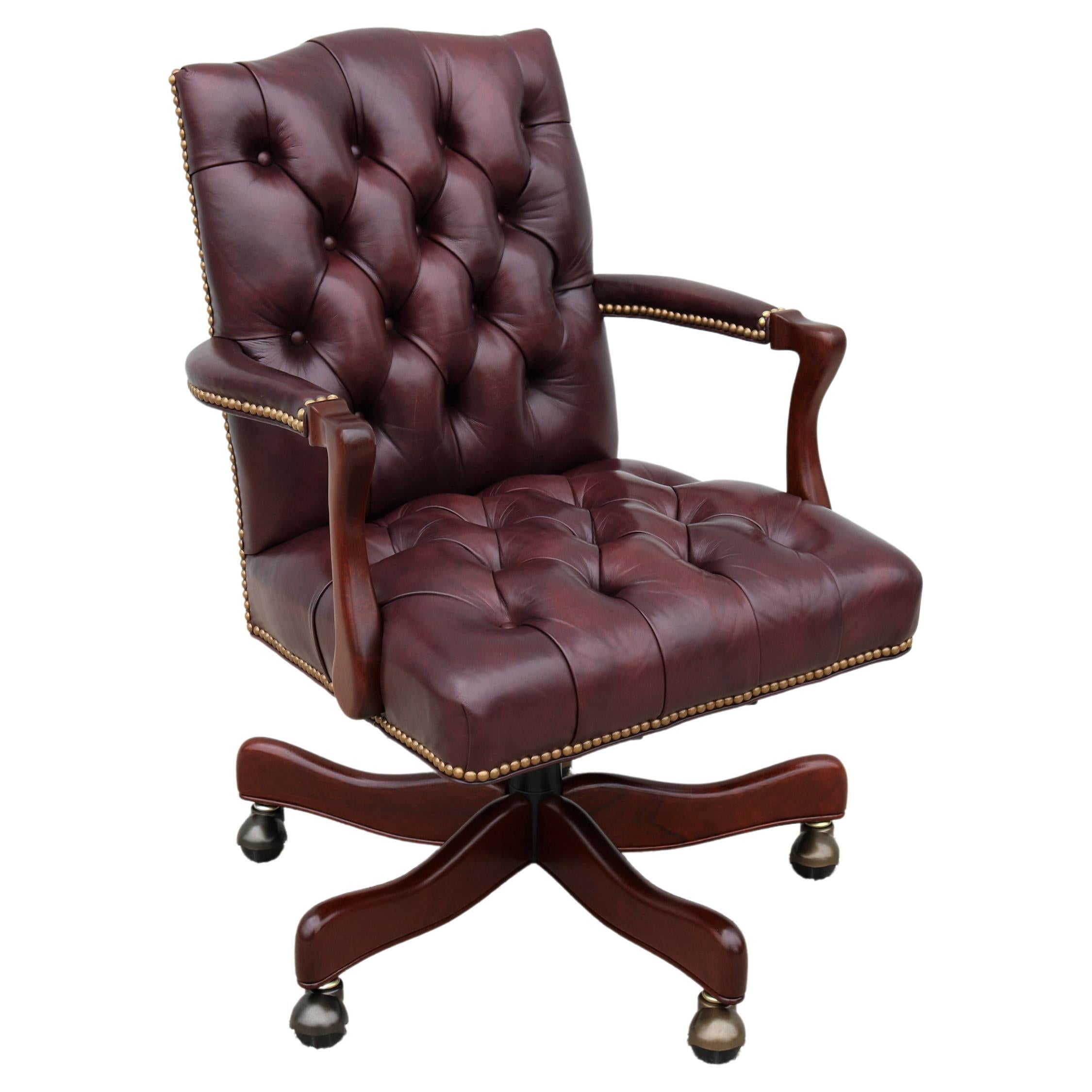 Classic Cabot Wrenn Graham Tufted Burgundy Leather Executive Swivel Desk Chair For Sale