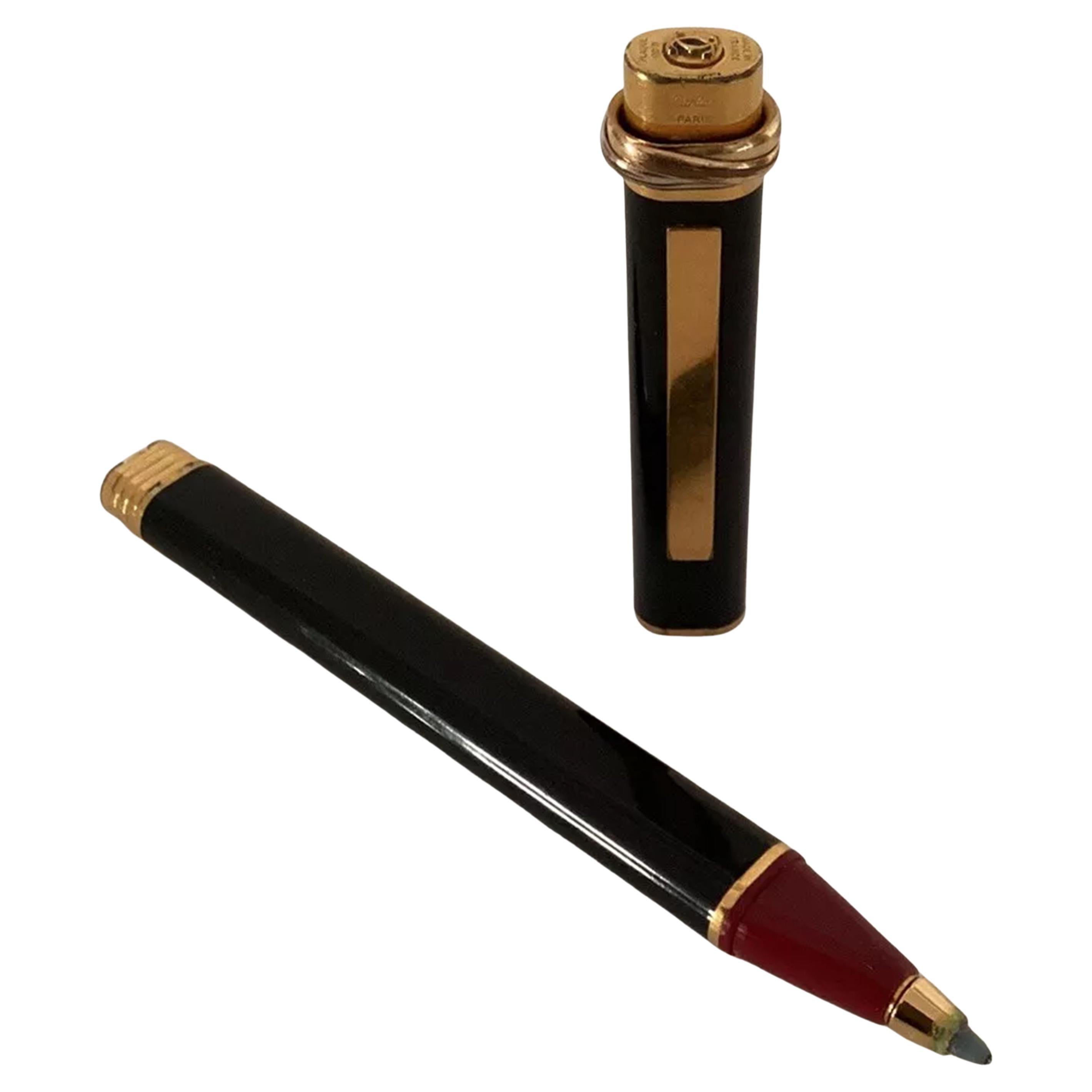 Classic Cartier 18ct Gold Plated Black Vendome Trinity Rollerball Pen & Box For Sale 4