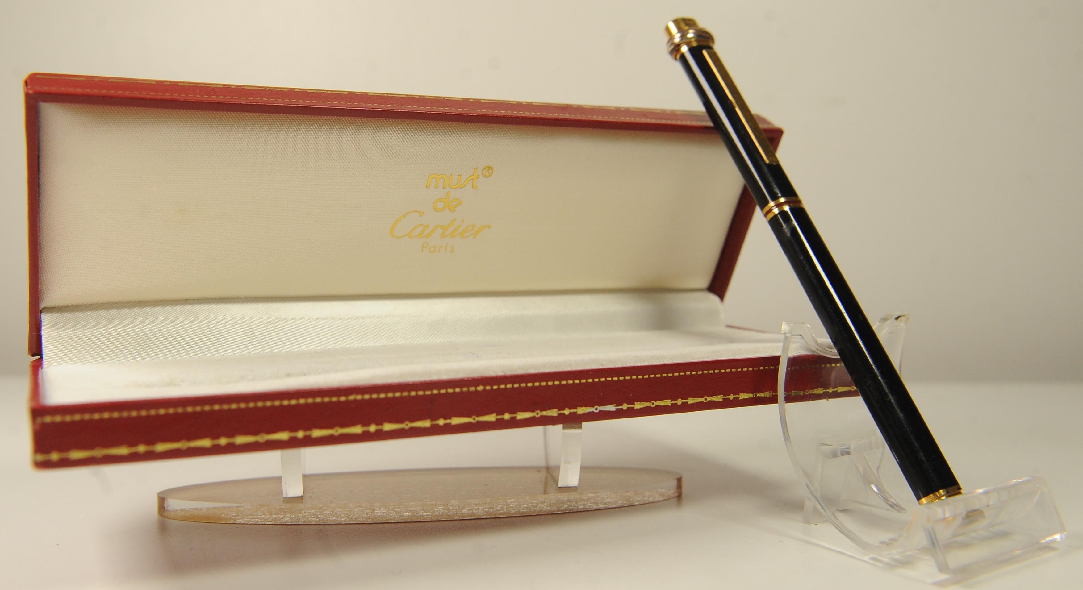 Classic Cartier 18ct Gold Plated Black Vendome Trinity Rollerball Pen & Box For Sale 7