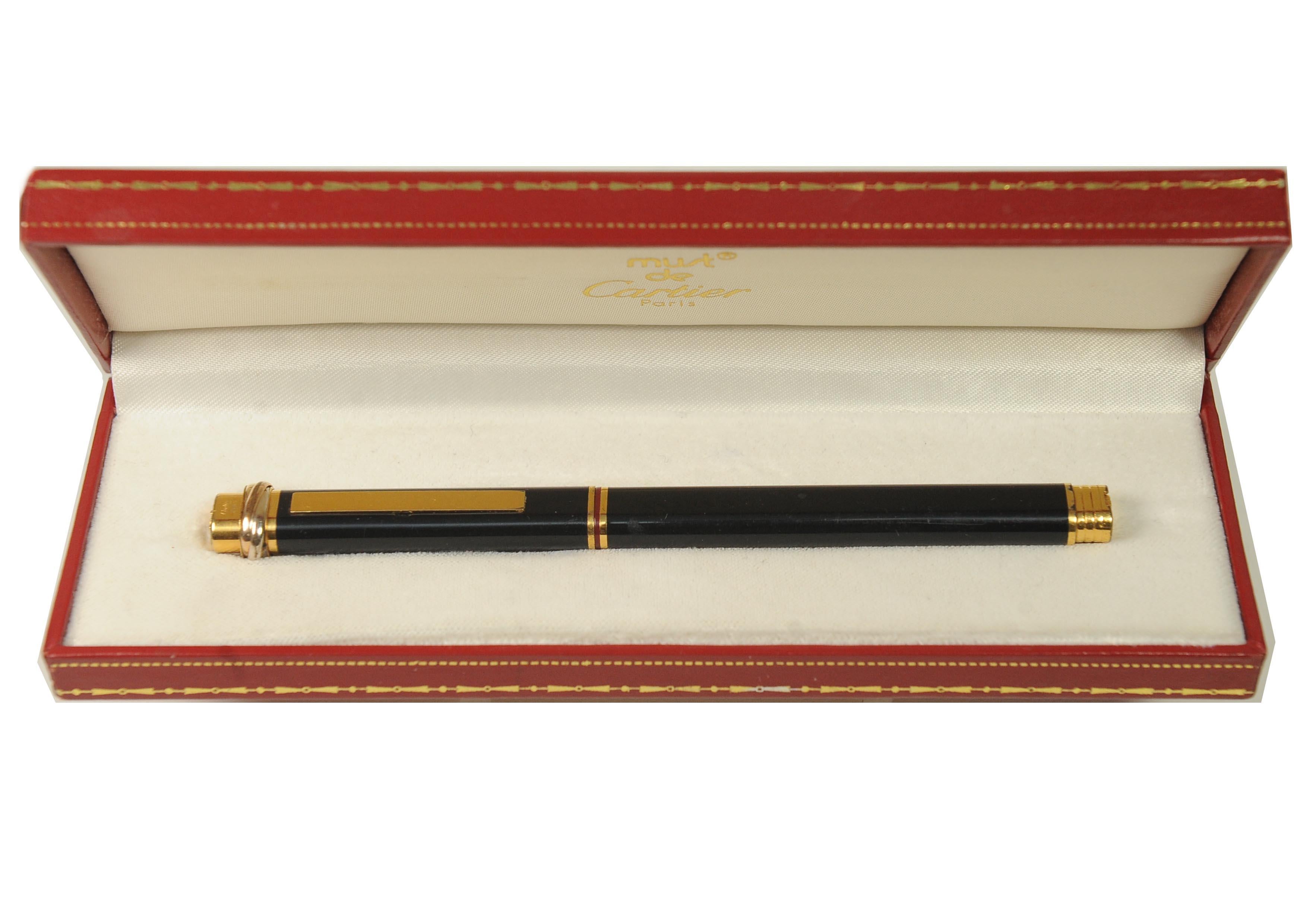 Classic Cartier 18ct Gold Plated Black Vendome Trinity Rollerball Pen & Box
