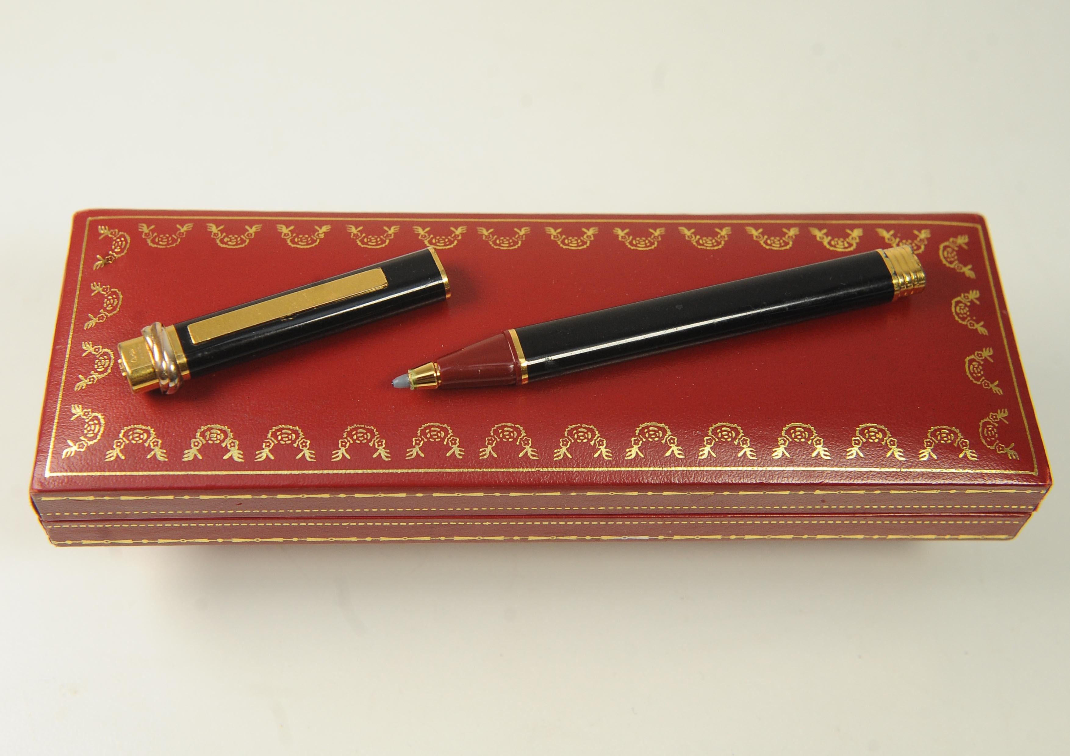Art Deco Classic Cartier 18ct Gold Plated Black Vendome Trinity Rollerball Pen & Box For Sale