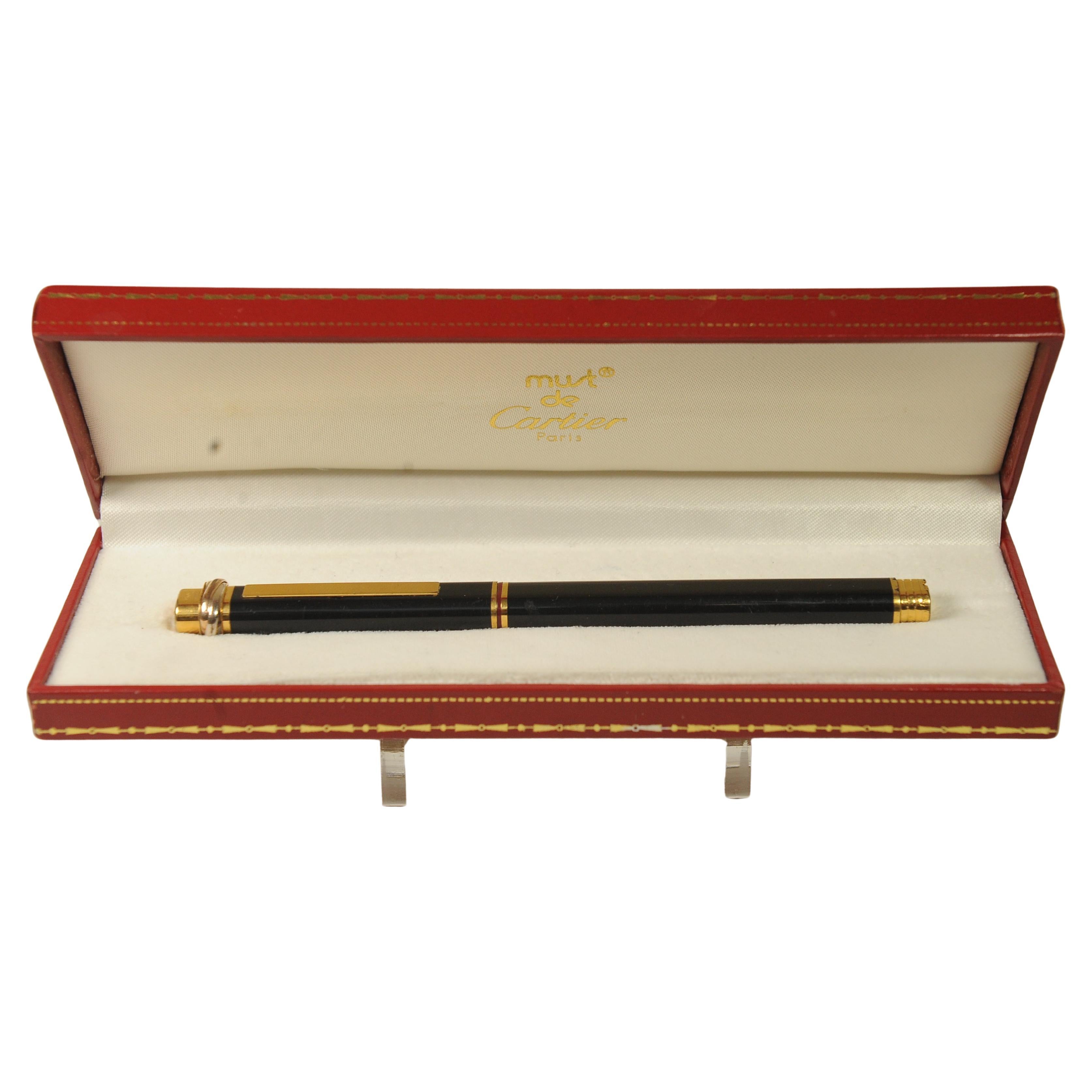 20th Century Classic Cartier 18ct Gold Plated Black Vendome Trinity Rollerball Pen & Box For Sale