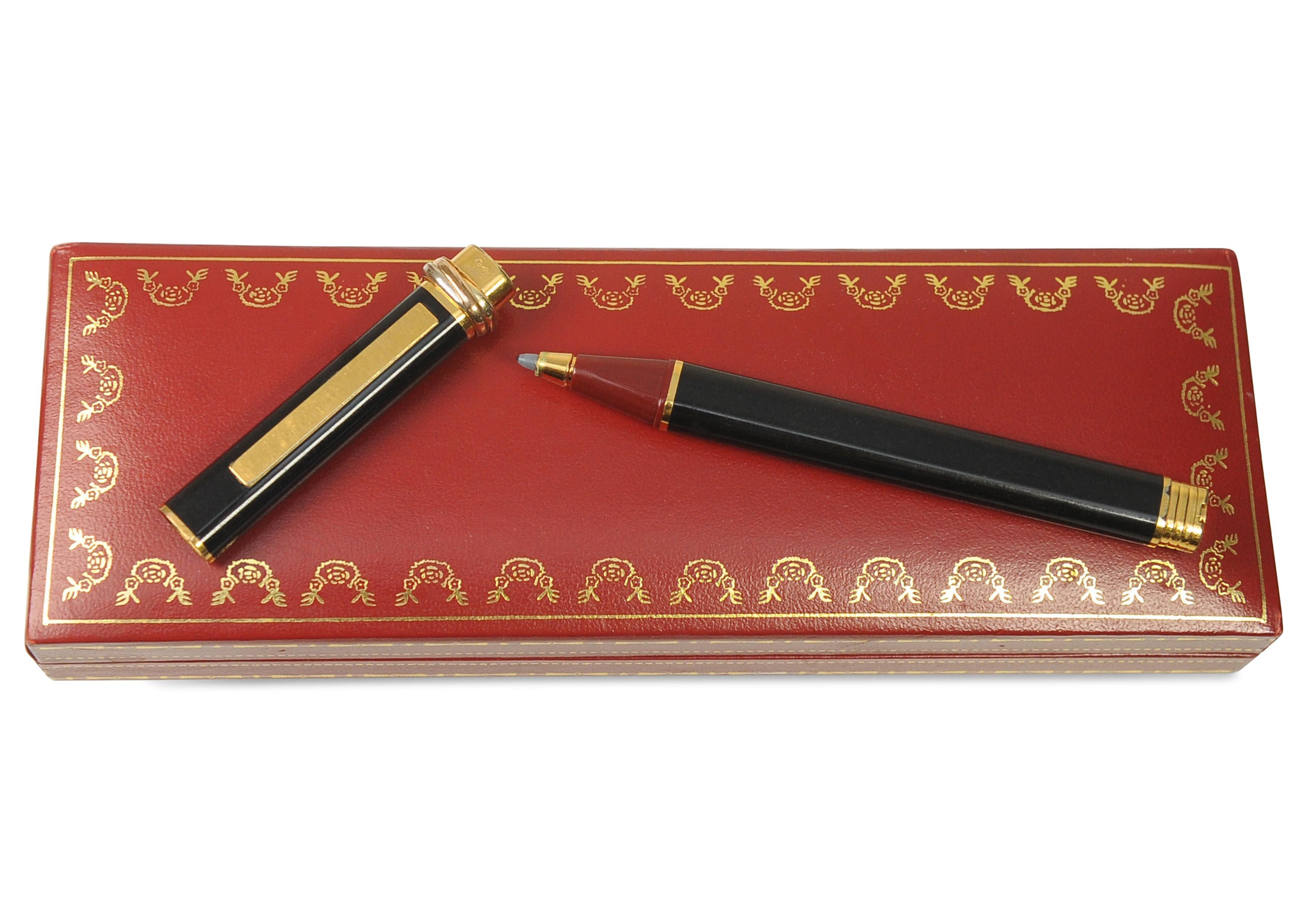 Penna roller classica Cartier Vendome Trinity nera placcata oro 18 ct e scatola in vendita 6
