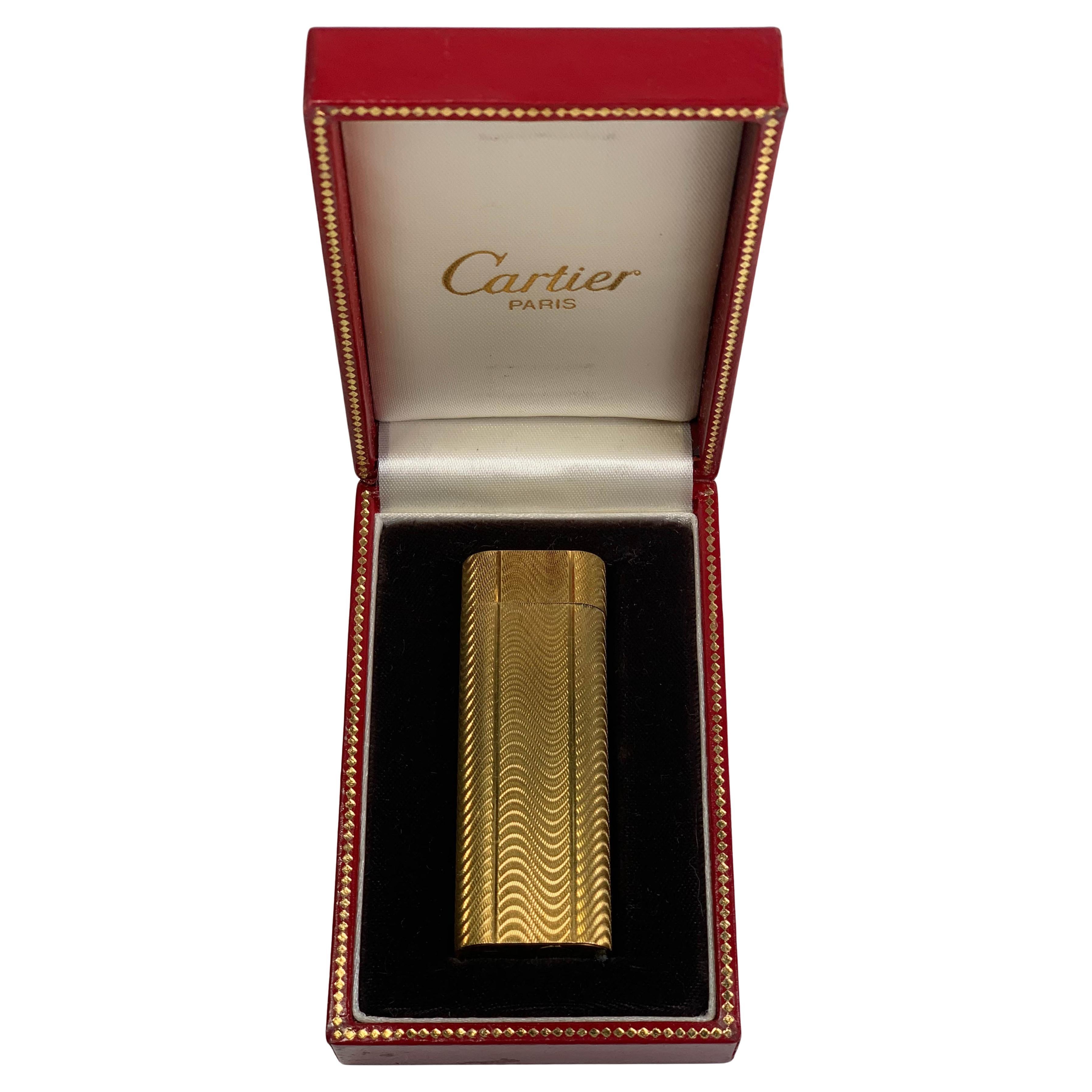 Art Deco Classic Cartier 18ct Gold Plated Cigarette Lighter & Red Cartier Box Serviced For Sale