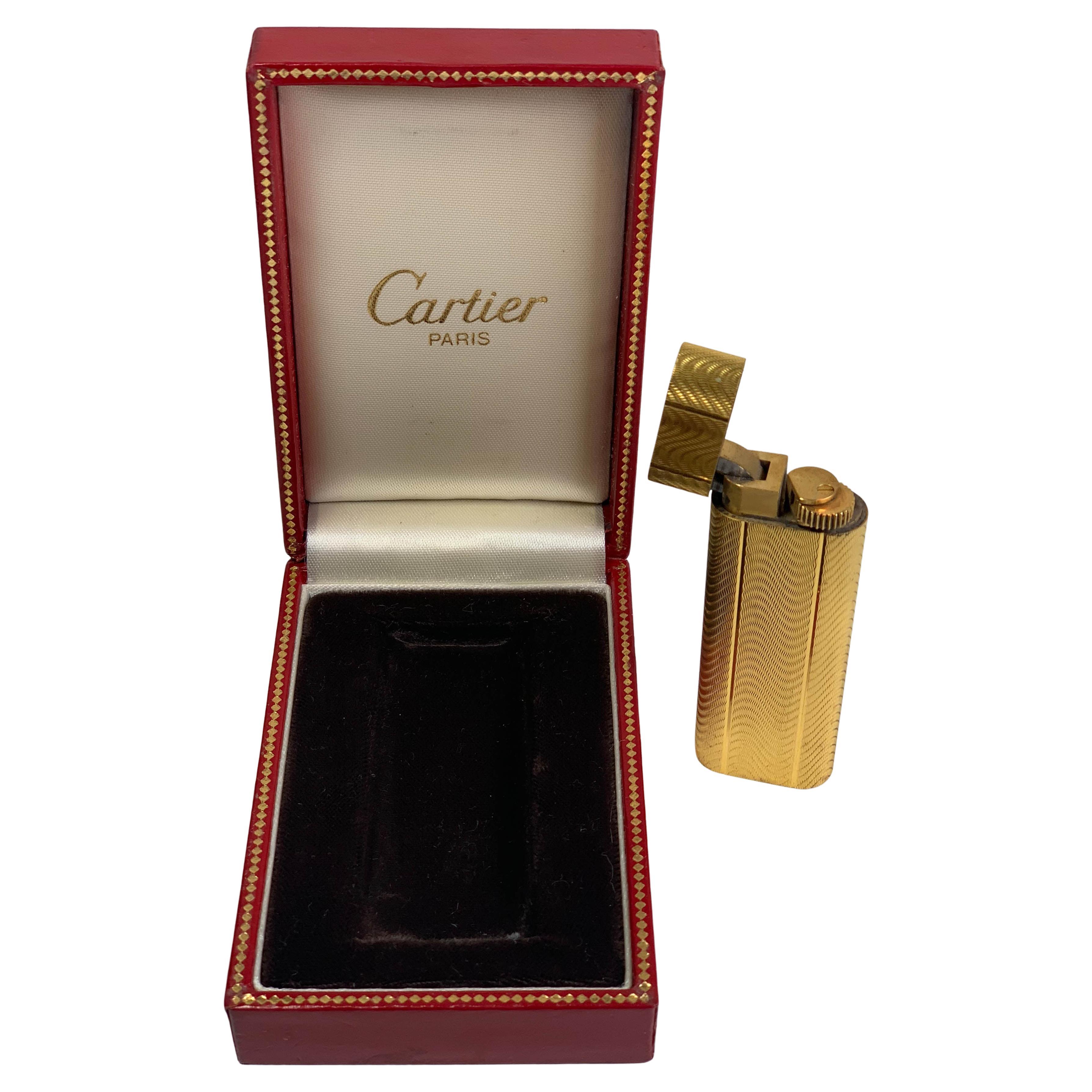 French Classic Cartier 18ct Gold Plated Cigarette Lighter & Red Cartier Box Serviced For Sale