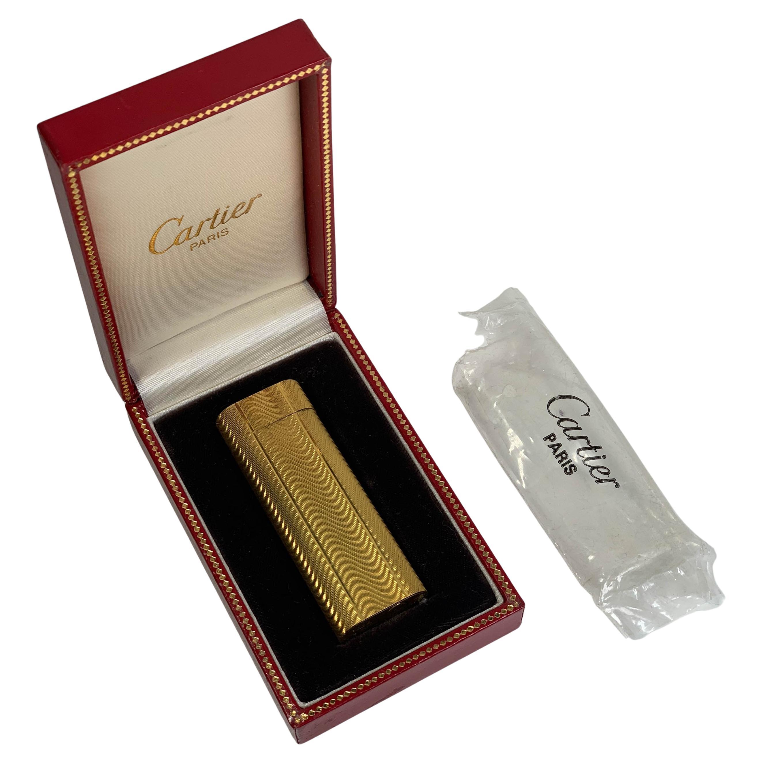 20th Century Classic Cartier 18ct Gold Plated Cigarette Lighter & Red Cartier Box Serviced For Sale