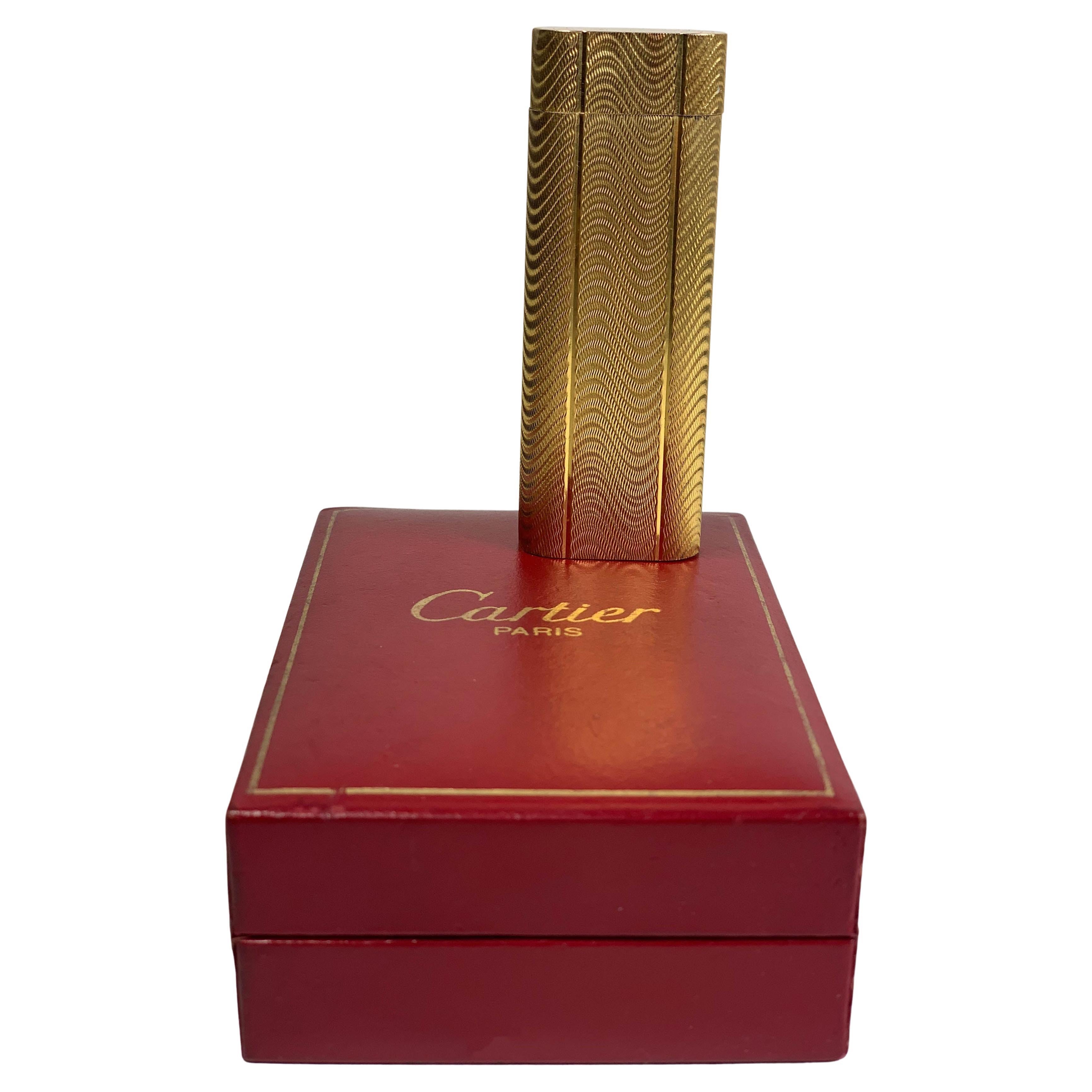 Silver Plate Classic Cartier 18ct Gold Plated Cigarette Lighter & Red Cartier Box Serviced For Sale