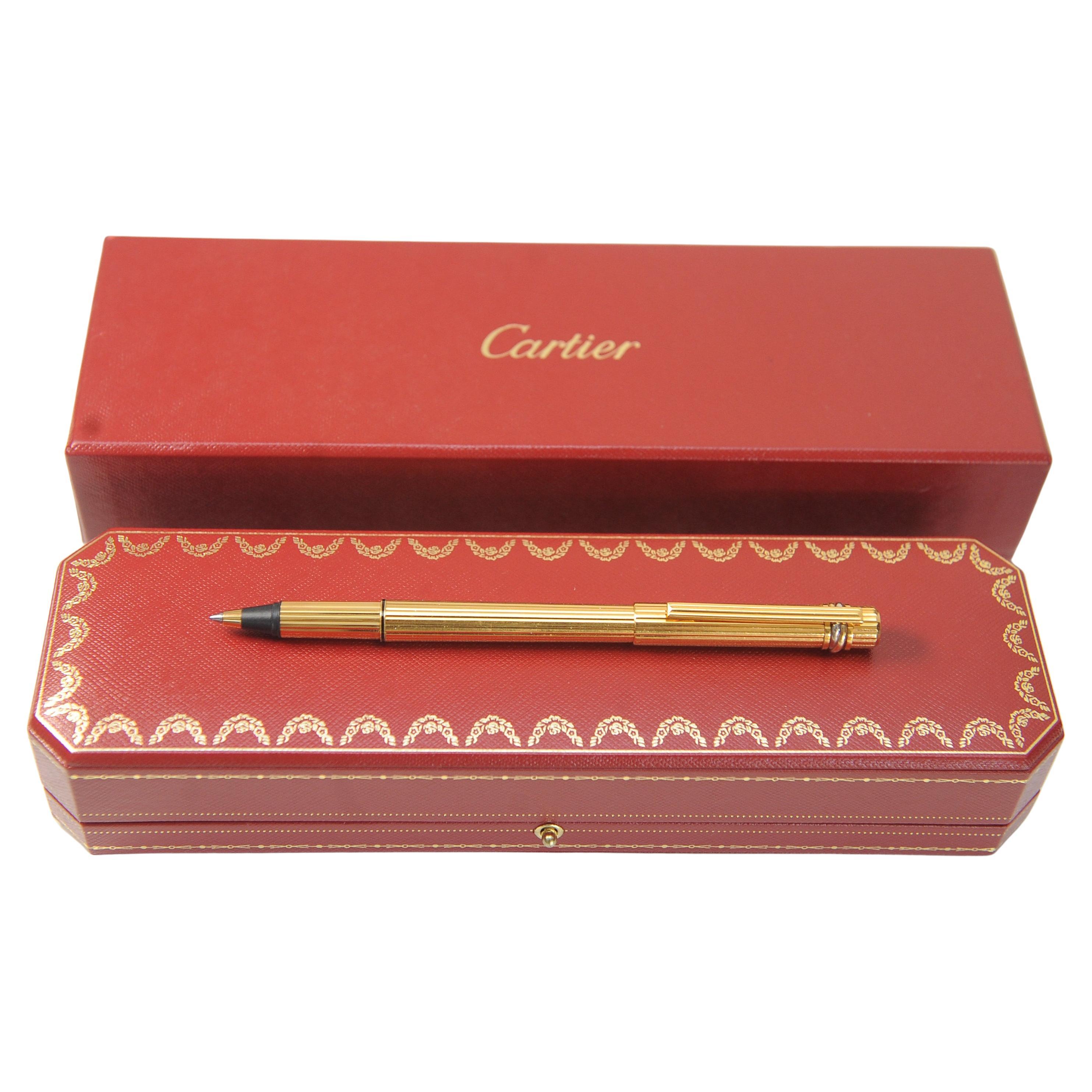 Classic Cartier 18ct Gold Plated Ribbed Trinity Rollerball Pen & Cartier Box For Sale 6