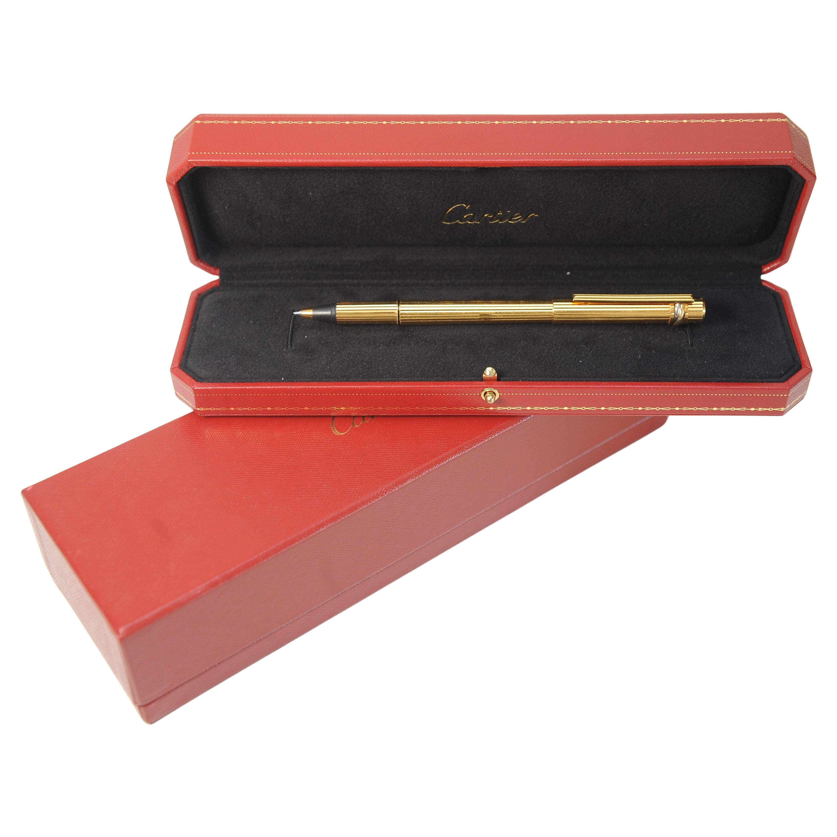Classic Cartier 18ct Gold Plated Ribbed Trinity Rollerball Pen & Cartier Box For Sale 2