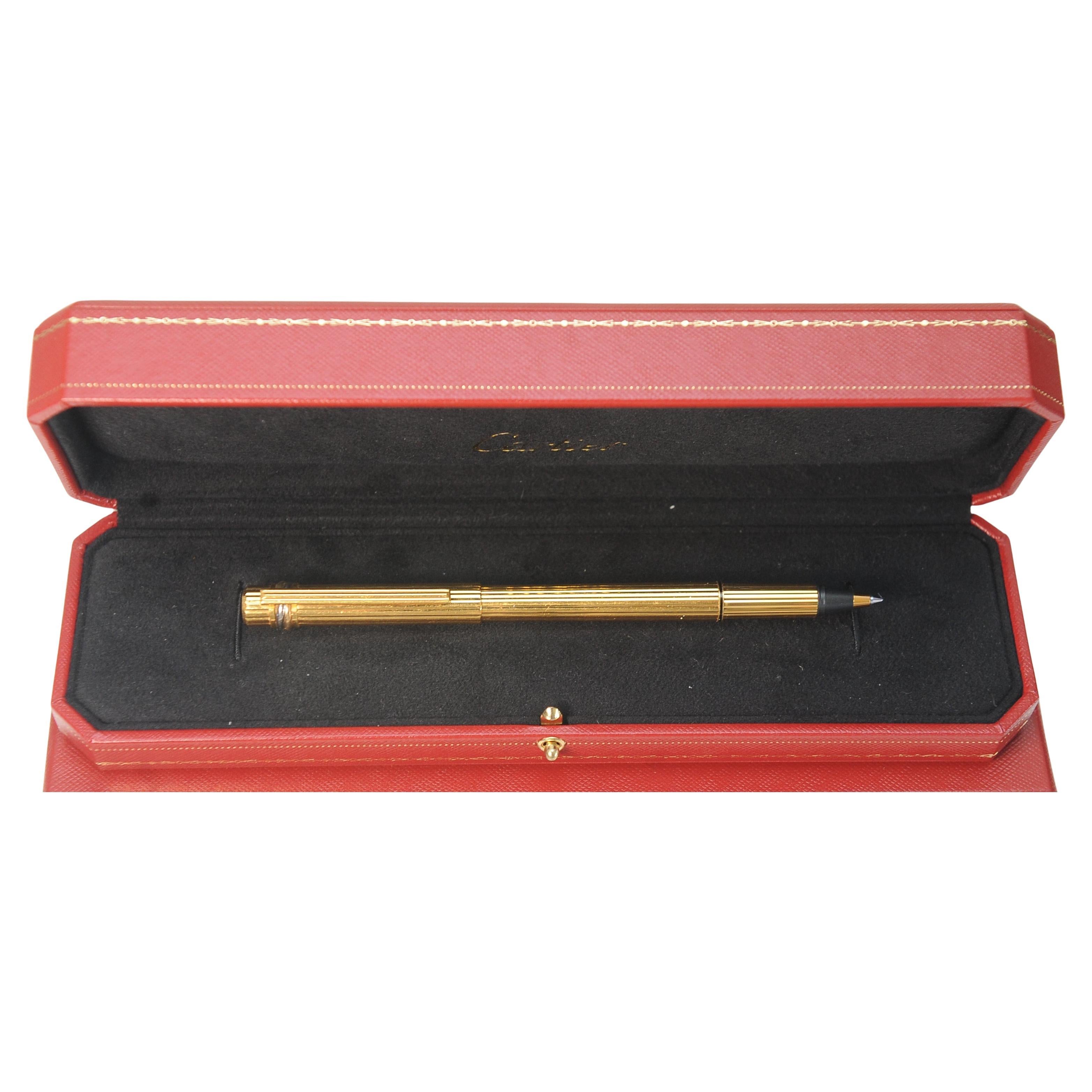 Classic Cartier 18ct Gold Plated Ribbed Trinity Rollerball Pen & Cartier Box For Sale 3