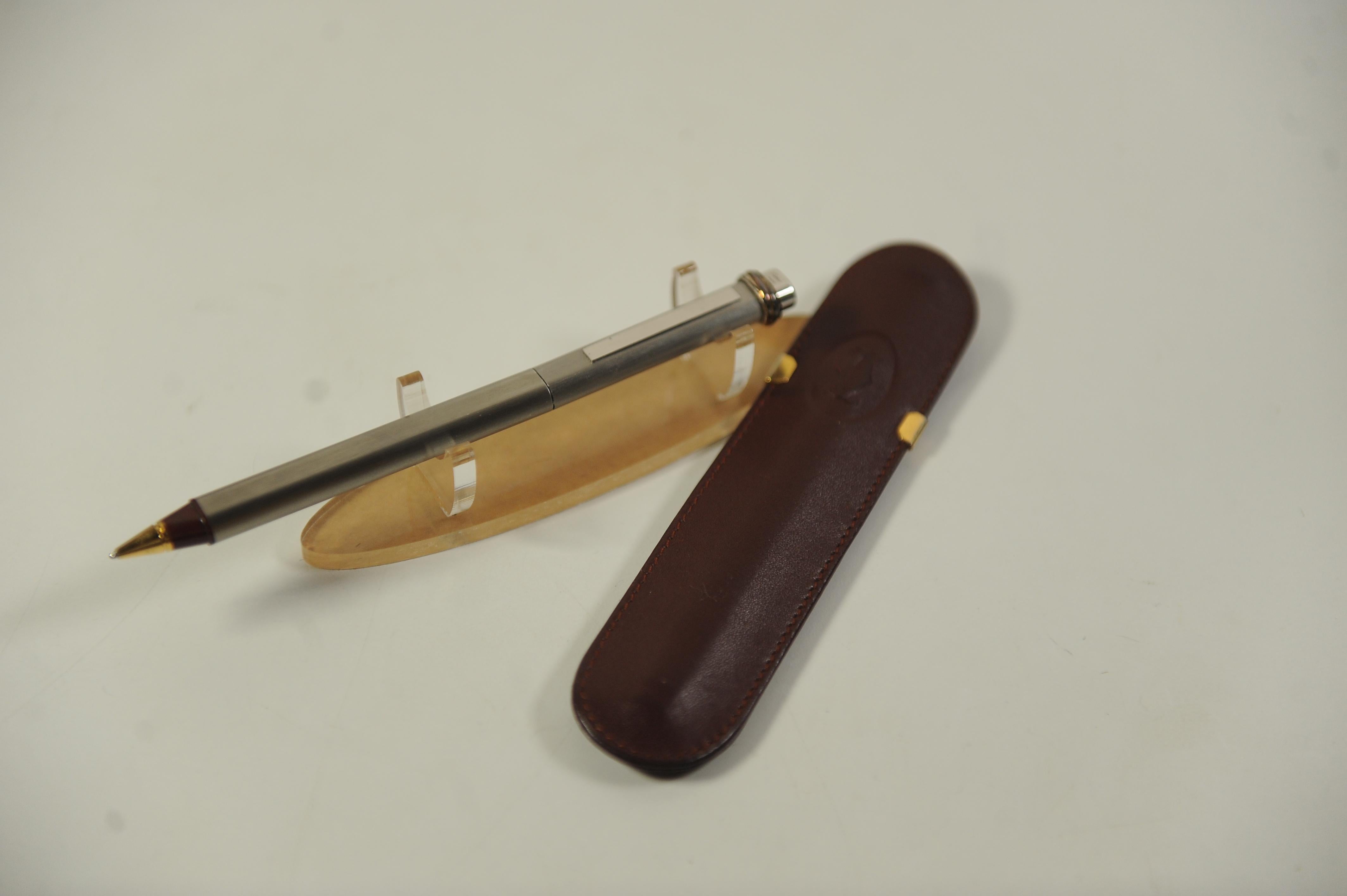 Cartier 18ct Gold Plate Nib Vendome Trinity Brushed Ballpoint Pen, Leather Case For Sale 1