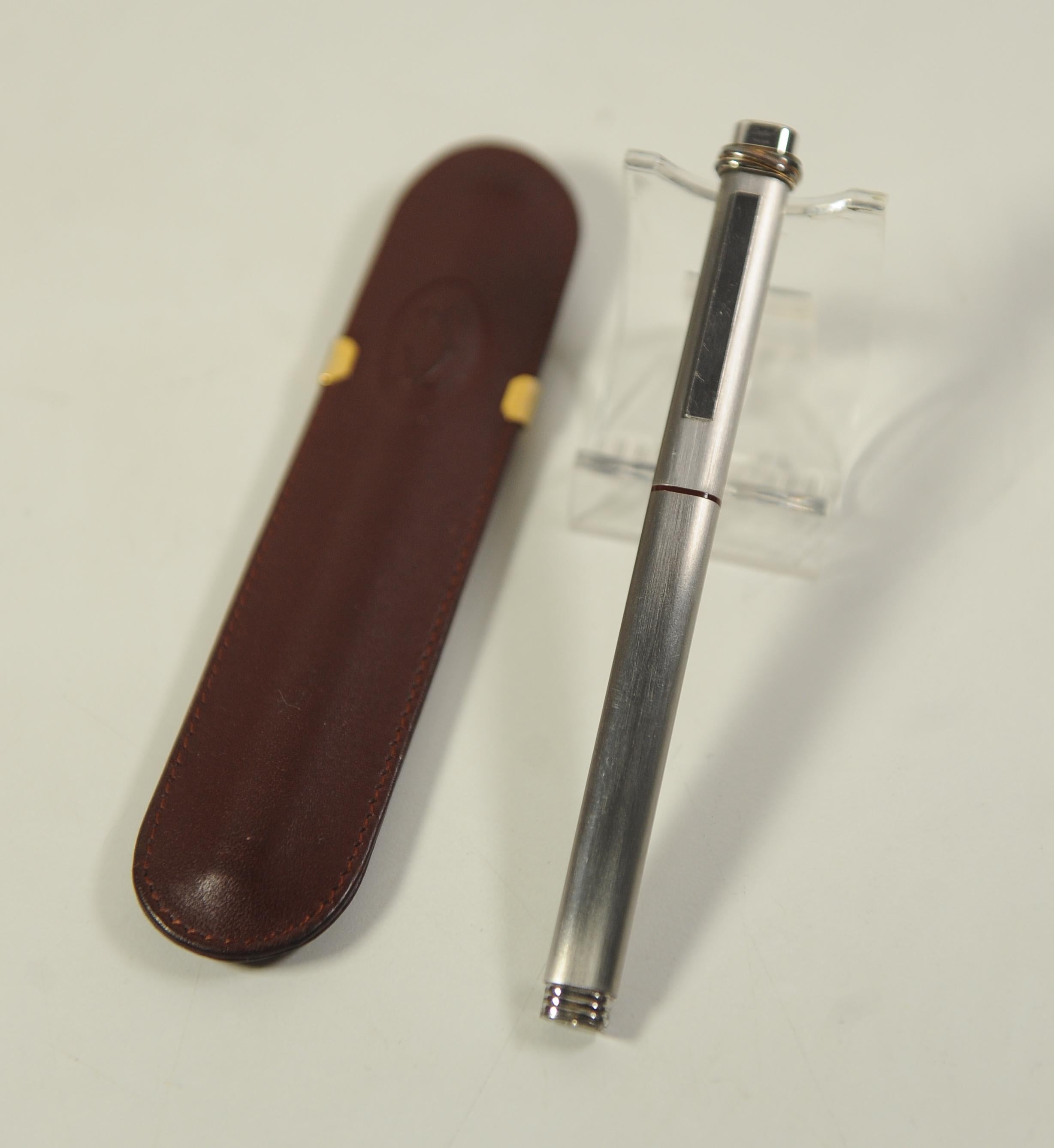 Cartier 18ct Gold Plate Nib Vendome Trinity Brushed Ballpoint Pen, Leather Case For Sale 3