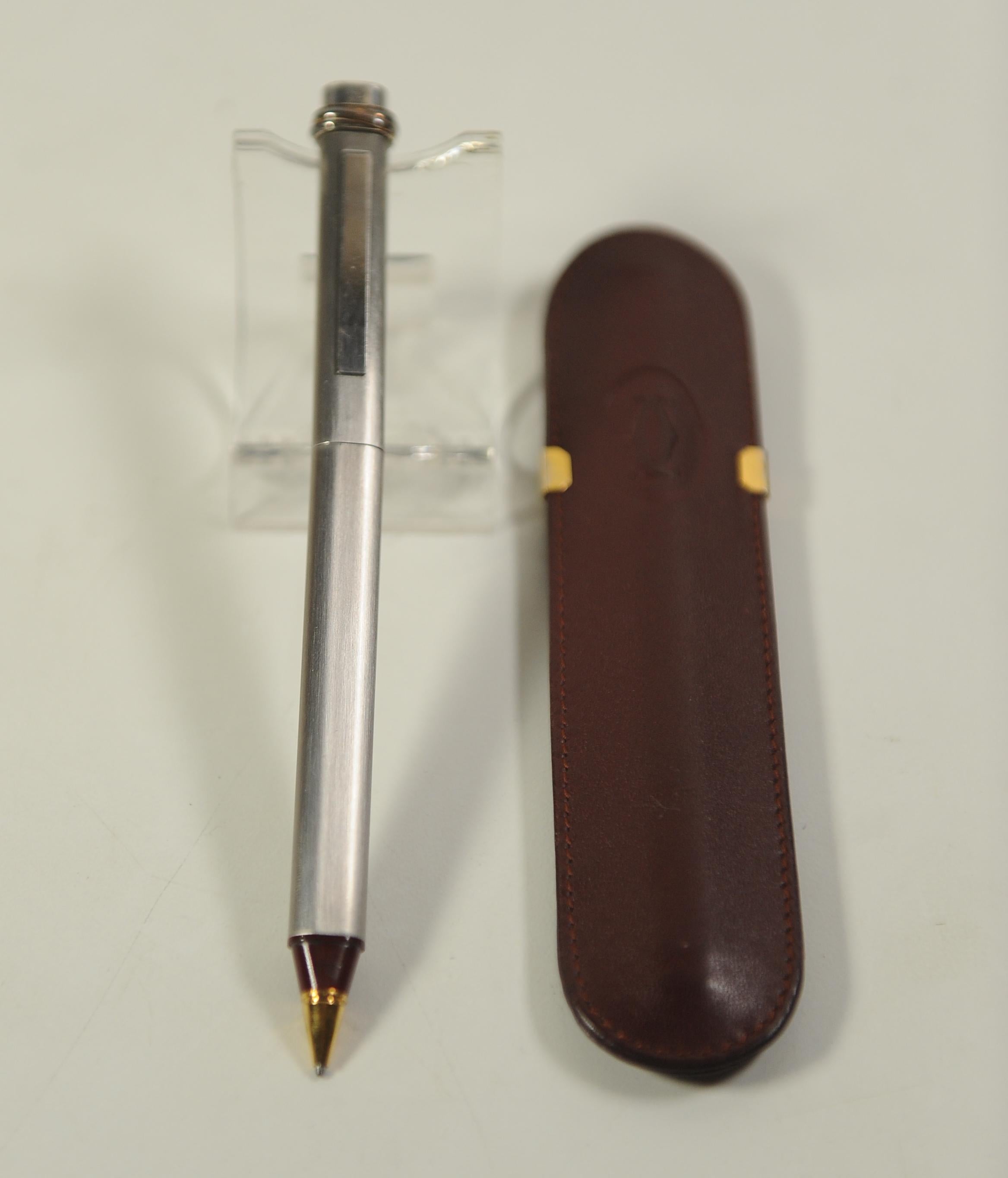 Cartier 18ct Gold Plate Nib Vendome Trinity Brushed Ballpoint Pen, Leather Case For Sale 5