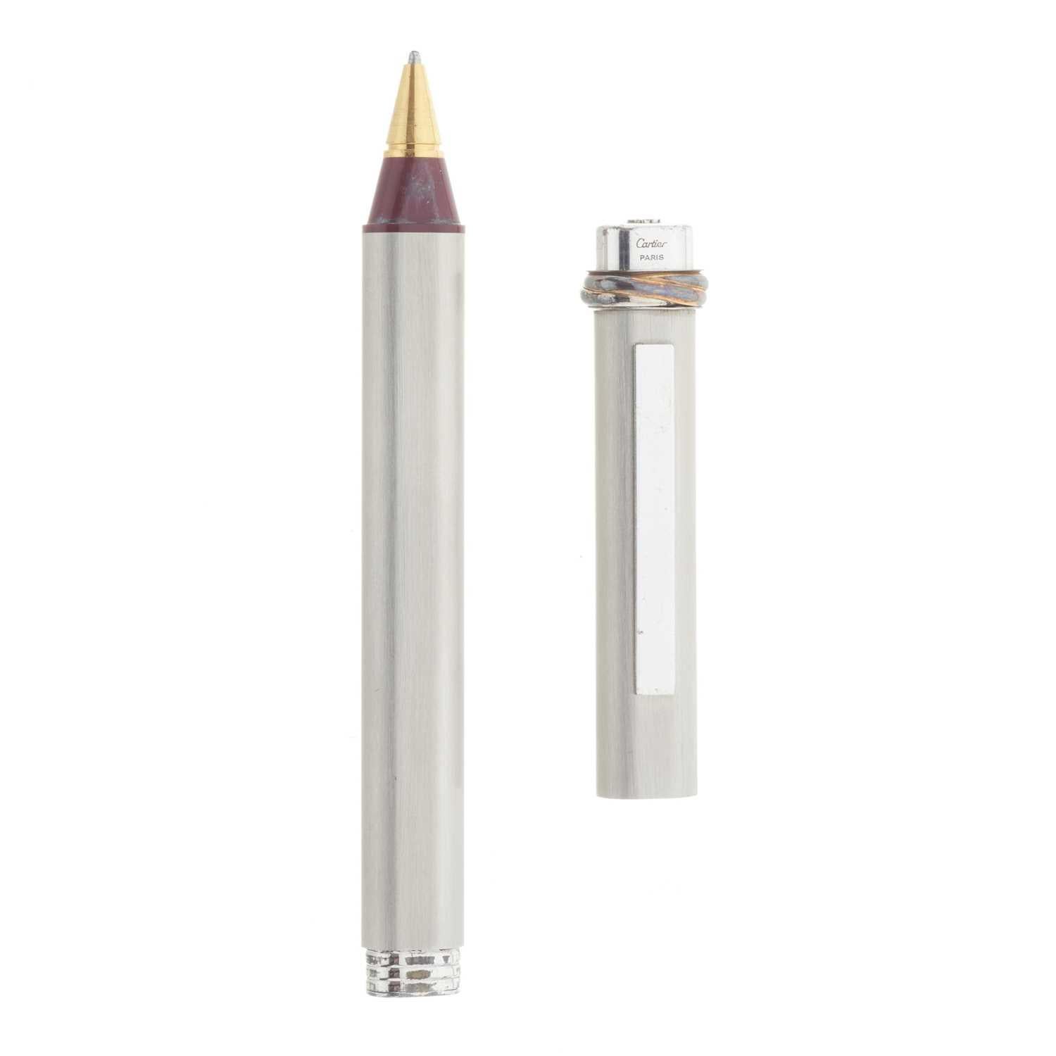 French Cartier 18ct Gold Plate Nib Vendome Trinity Brushed Ballpoint Pen, Leather Case For Sale