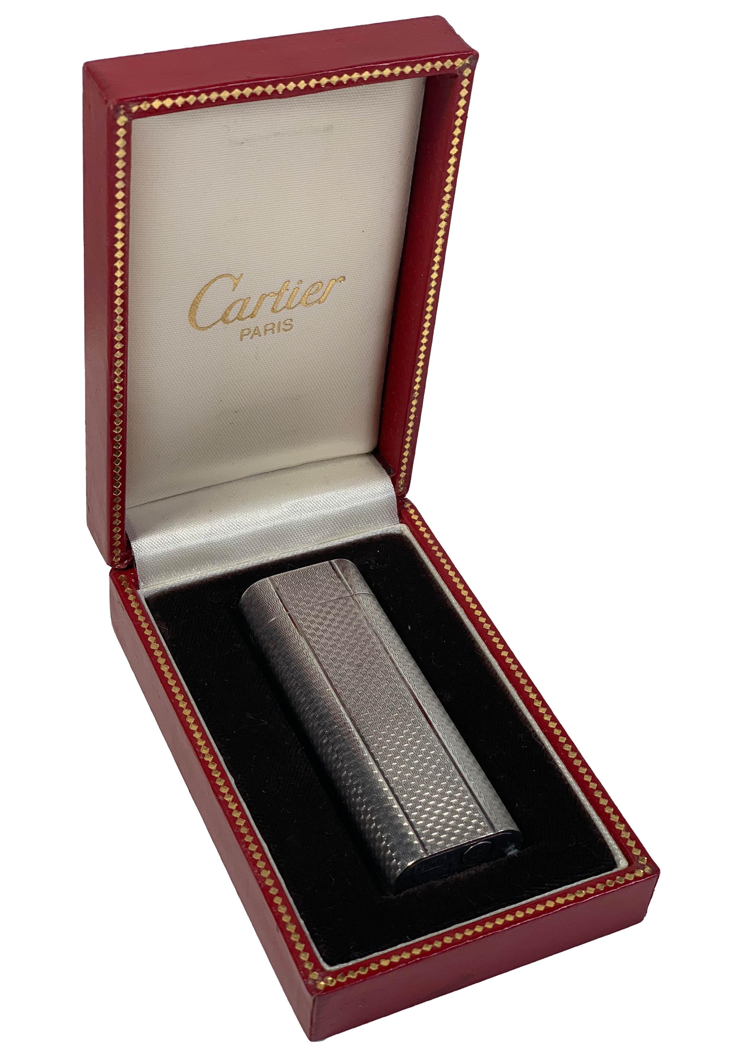 French Classic Cartier Silver Plated Cigarette Lighter & Red Cartier Box Serviced For Sale