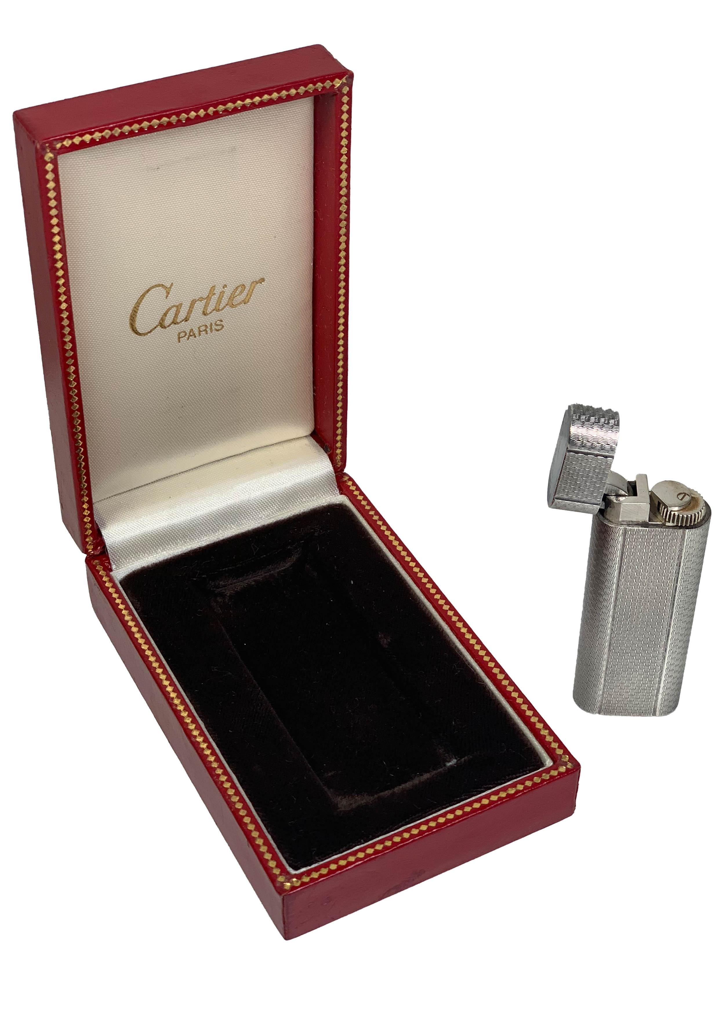 Machine-Made Classic Cartier Silver Plated Cigarette Lighter & Red Cartier Box Serviced For Sale