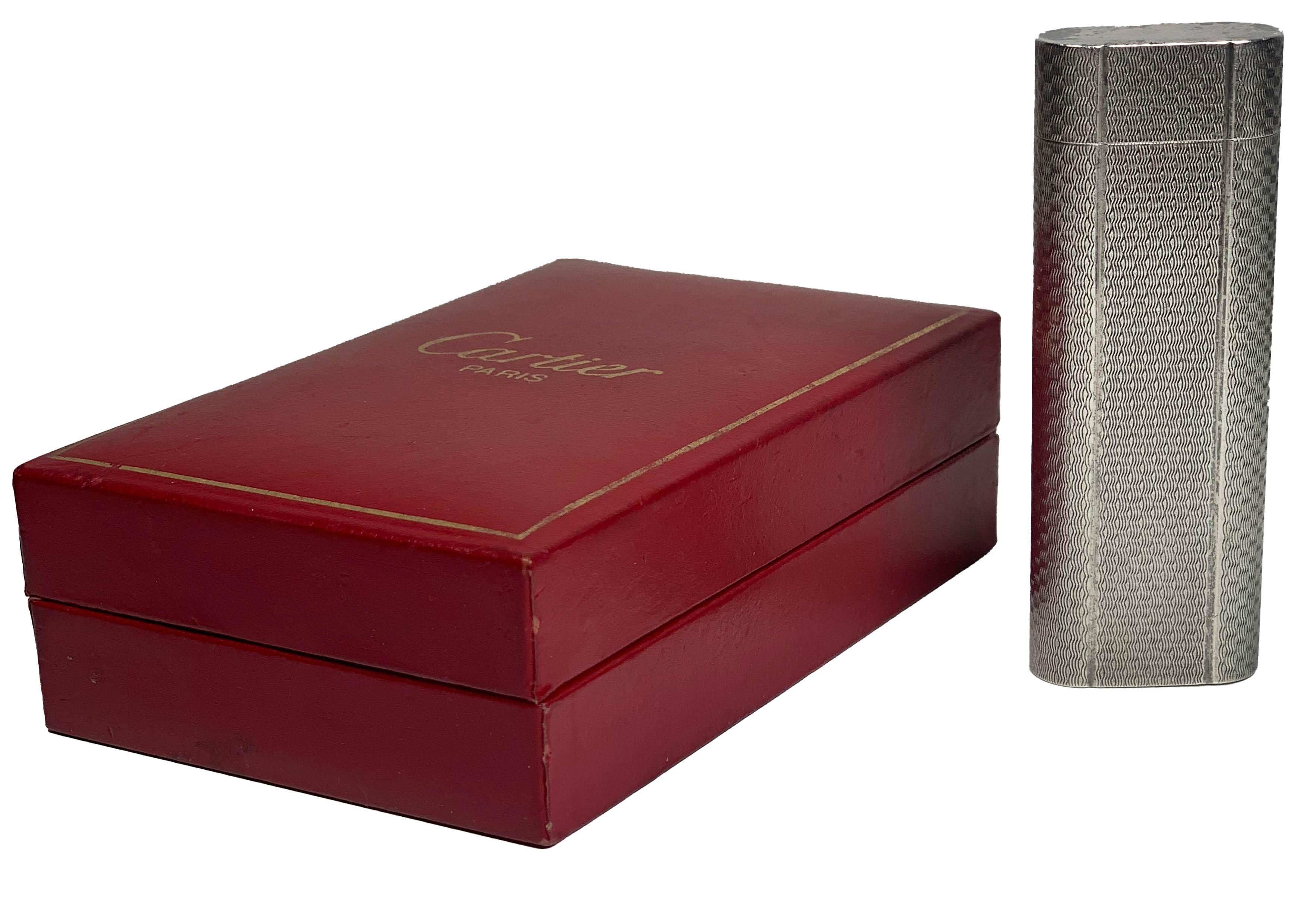 Classic Cartier Silver Plated Cigarette Lighter & Red Cartier Box Serviced In Good Condition For Sale In Reading, Berkshire