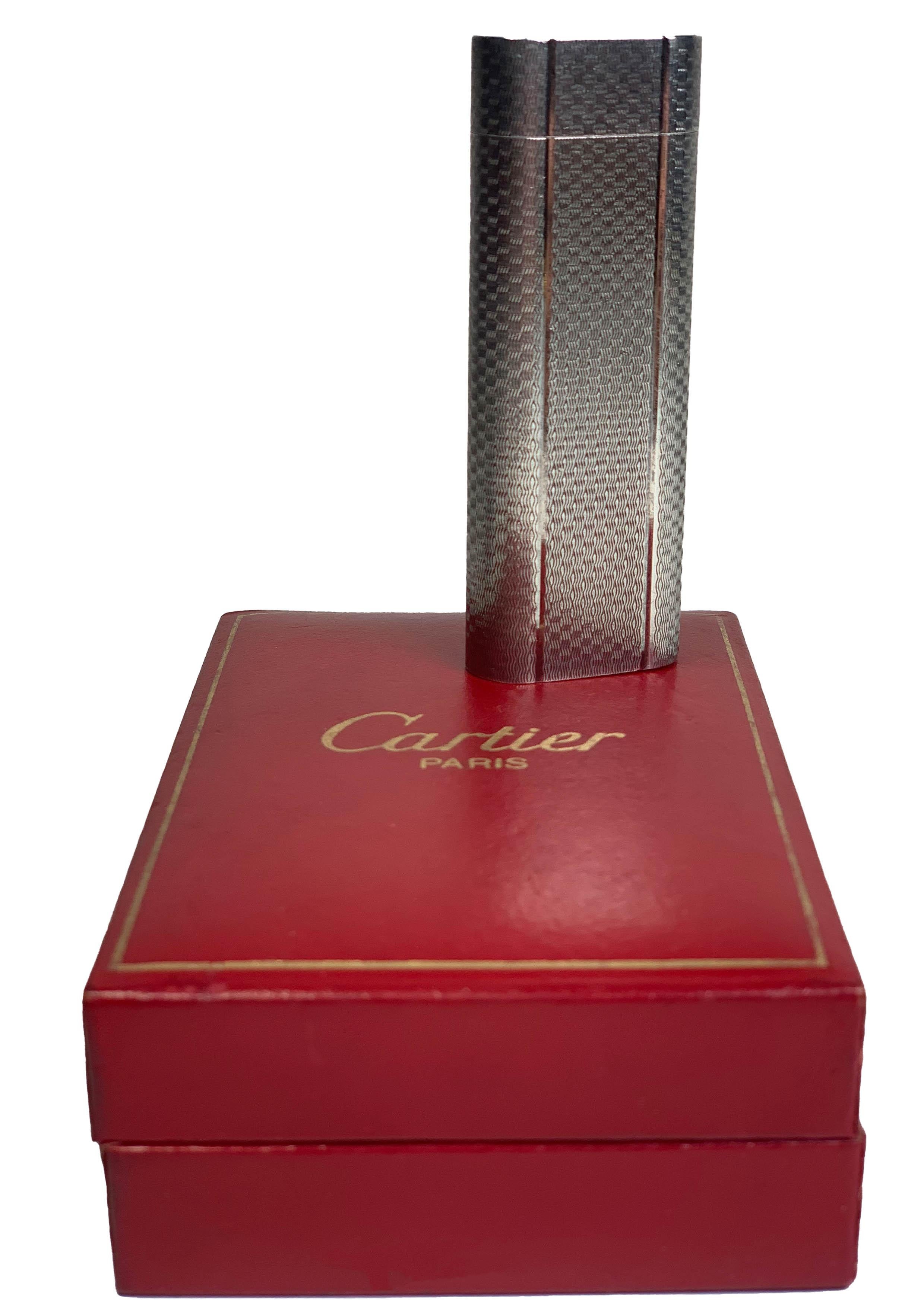 20th Century Classic Cartier Silver Plated Cigarette Lighter & Red Cartier Box Serviced For Sale