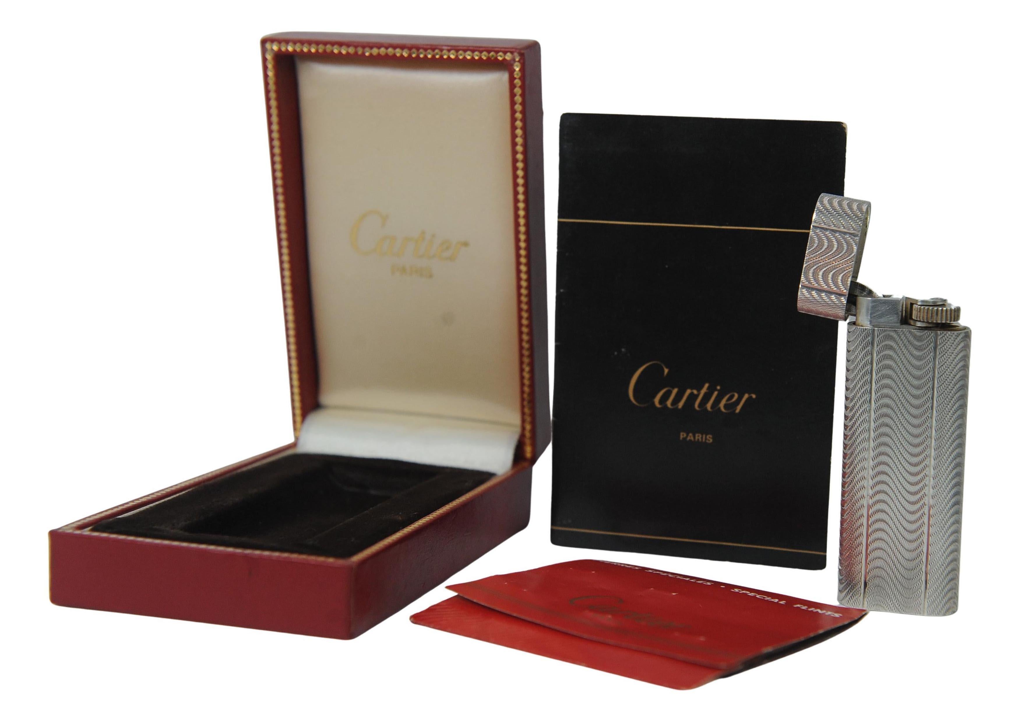 XX secolo Classic Cartier Silver Plated Cigarette Lighter With Cartier Box And Papers in vendita