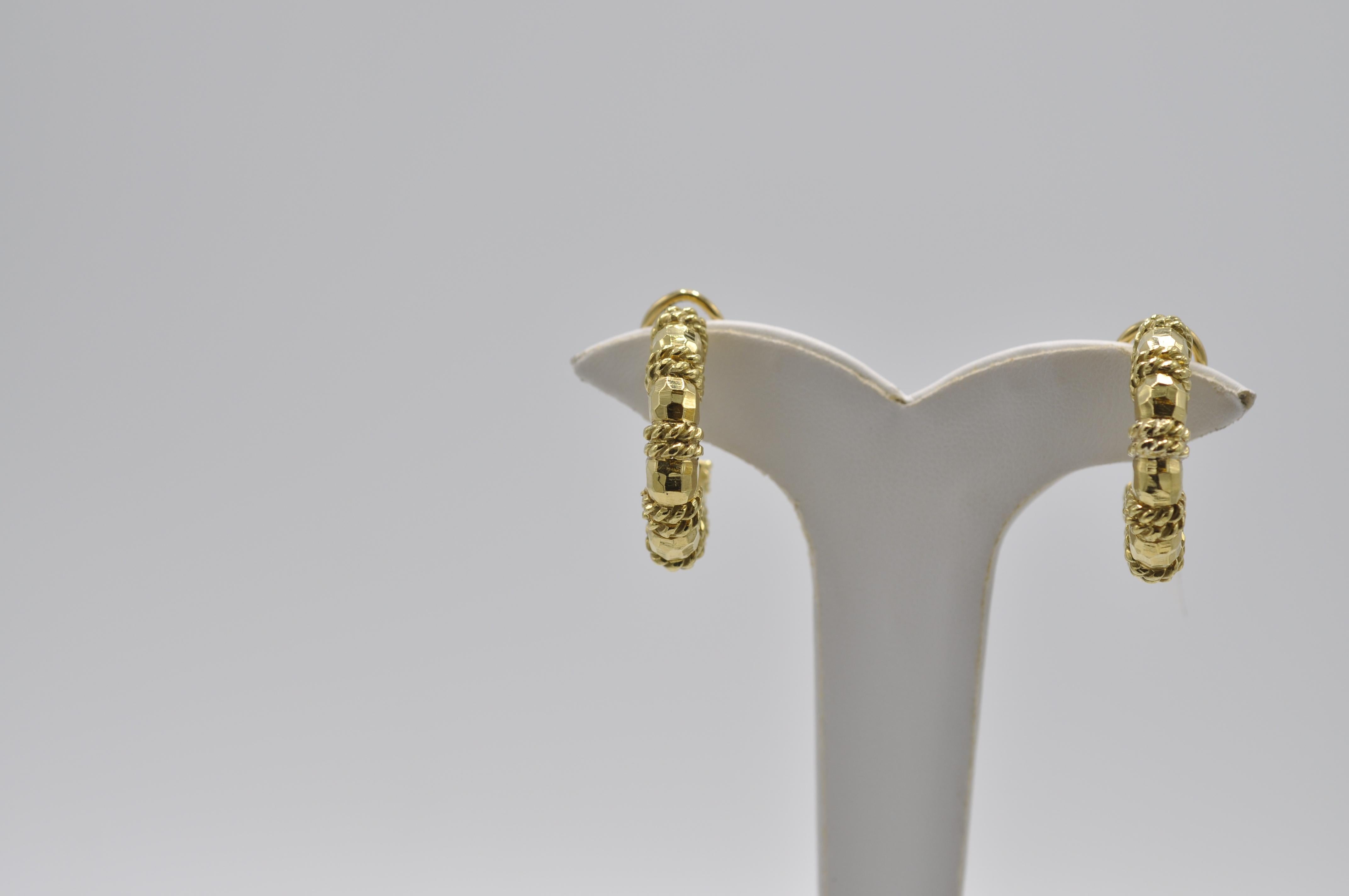 18k Yellow Gold Cassis Earrings. Combination of high polished and textured gold half loop pierced clip, women's earrings.  