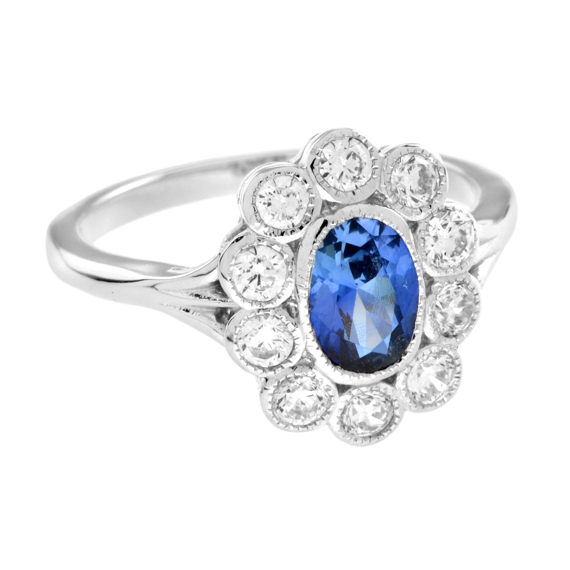 For Sale:  Classic Ceylon Sapphire and Diamond Cluster Ring in 18K White Gold 2