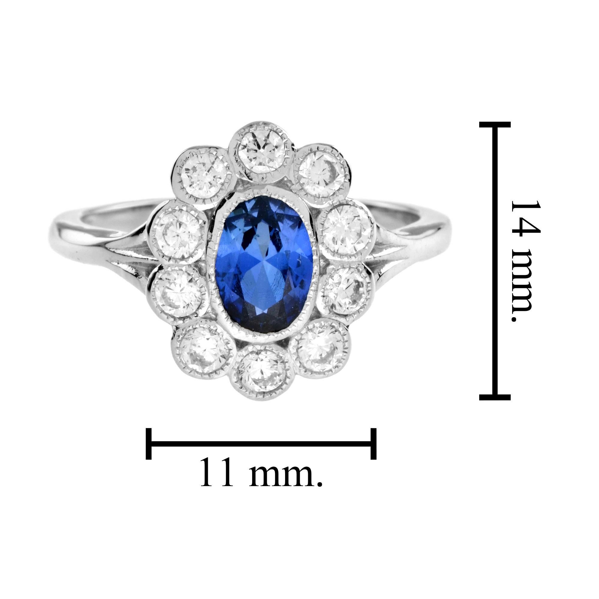 For Sale:  Classic Ceylon Sapphire and Diamond Cluster Ring in 18K White Gold 6