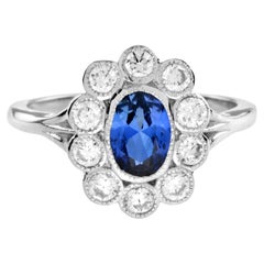 Classic Ceylon Sapphire and Diamond Cluster Ring in 18K White Gold