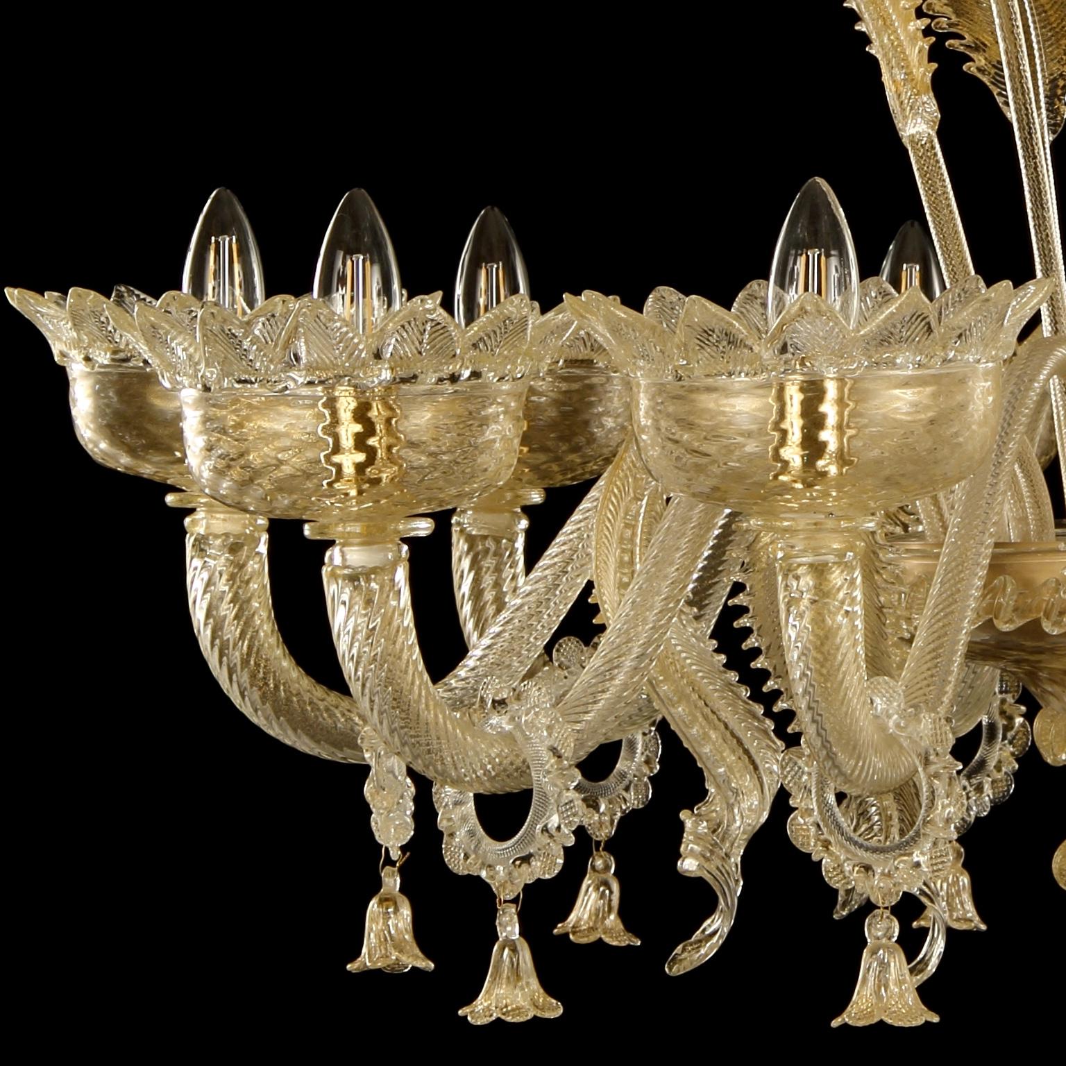 Contemporary Classic Chandelier 10 Arms Gold Murano Glass Handmade Decorations by Multiforme For Sale