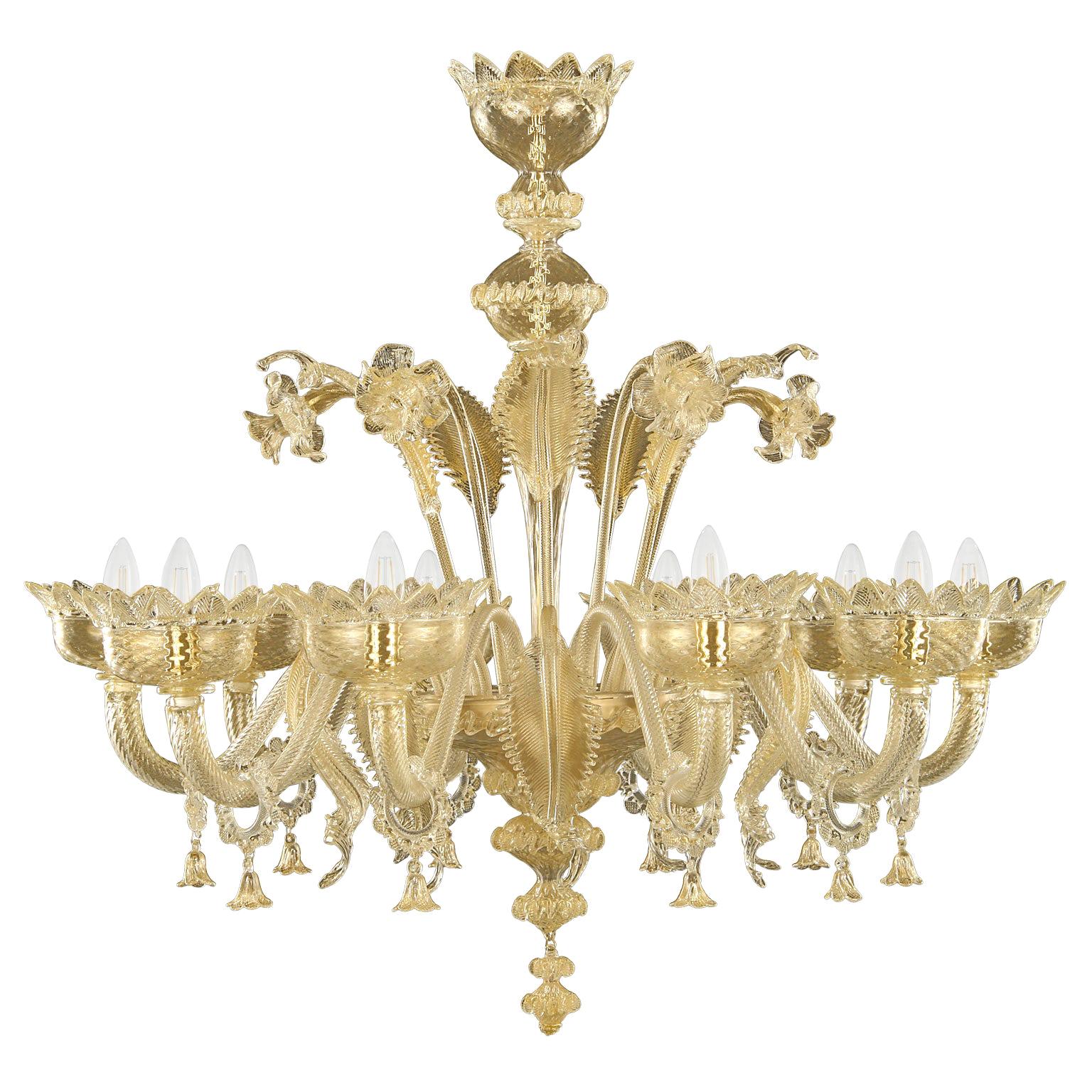 Classic Chandelier 10 Arms Gold Murano Glass Handmade Decorations by Multiforme For Sale