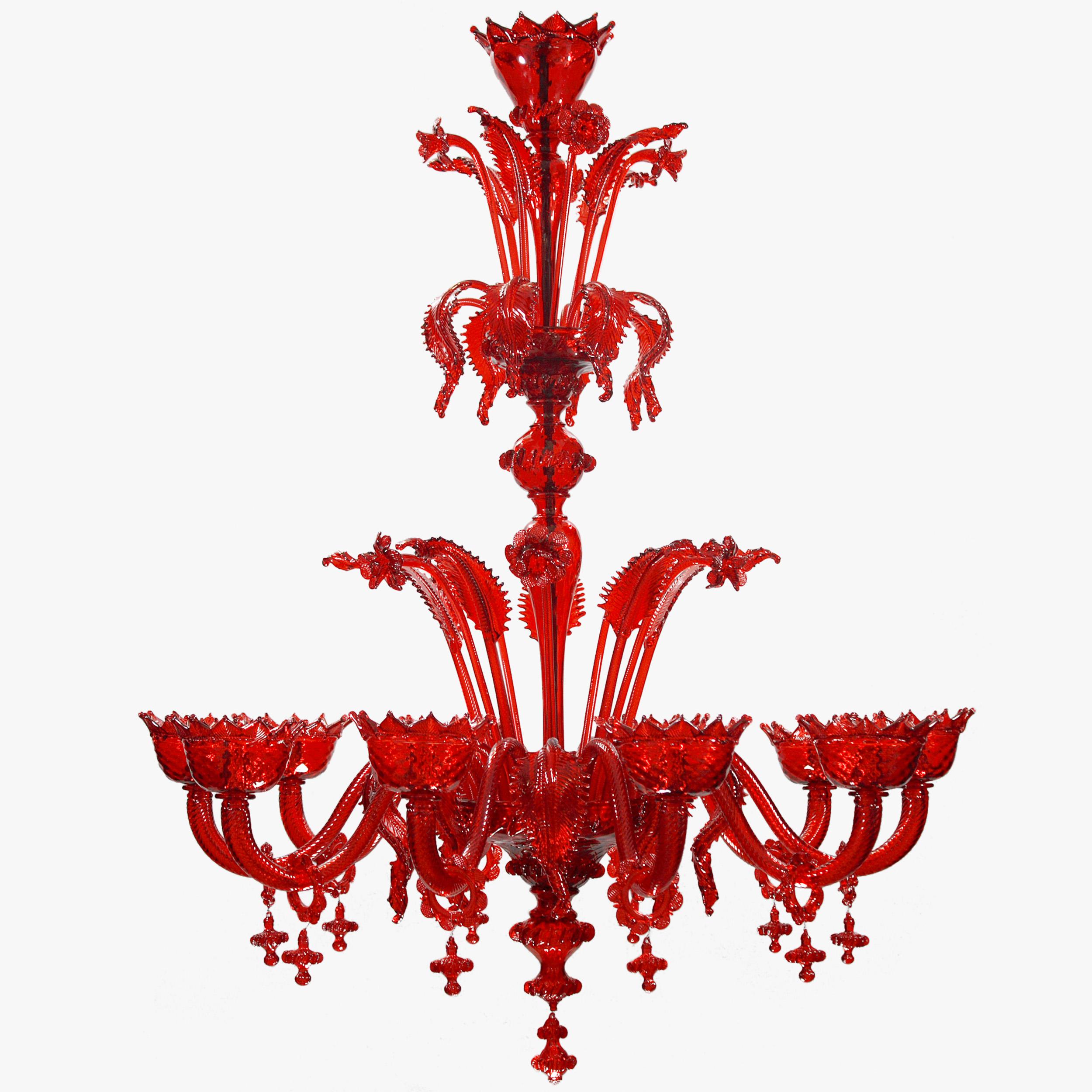 Blown Glass Classic Chandelier 10 Arms Red Murano Glass Handmade Decorations by Multiforme  For Sale