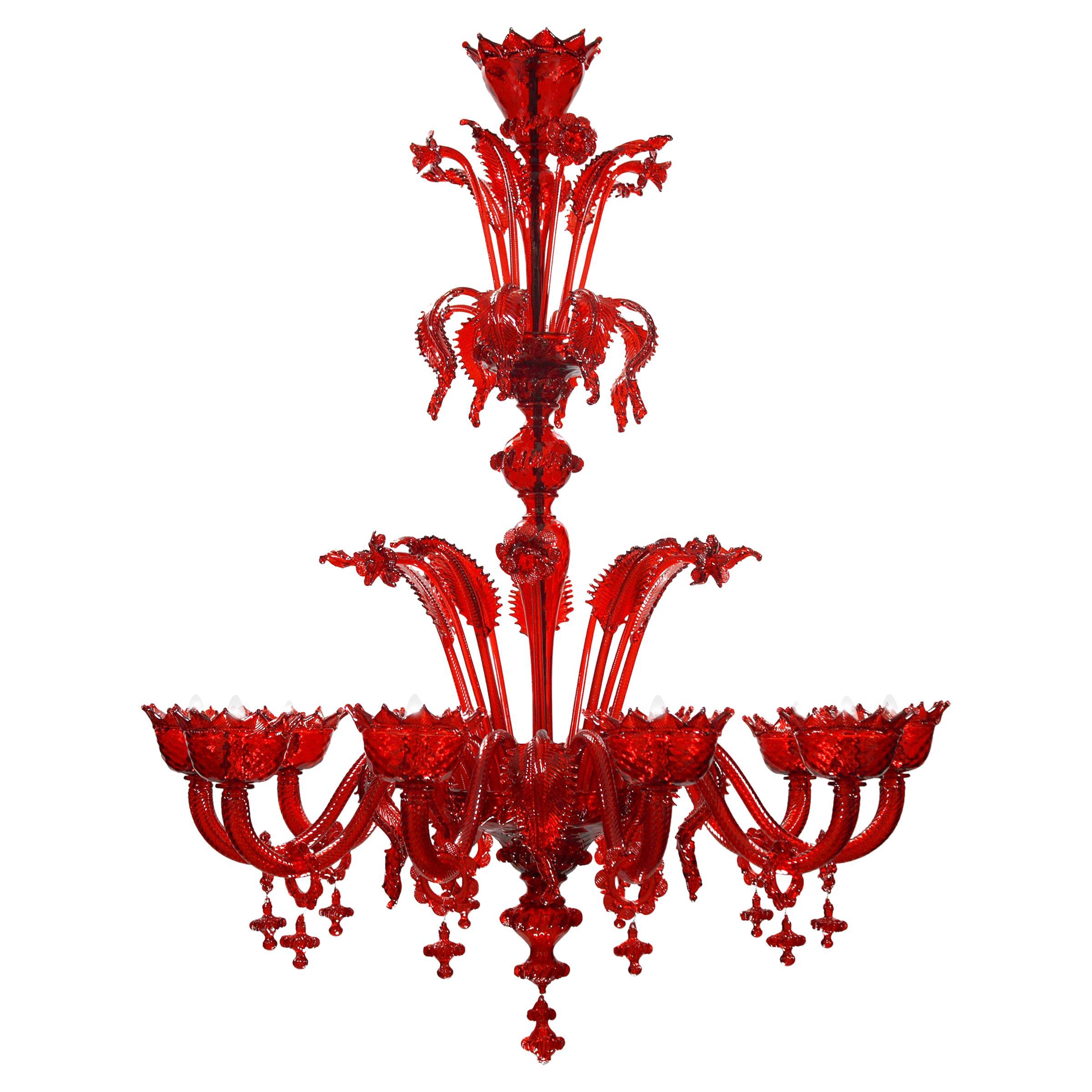 Lustre classique à 10 bras en verre de Murano rouge, décorations faites à la main par Multiforme