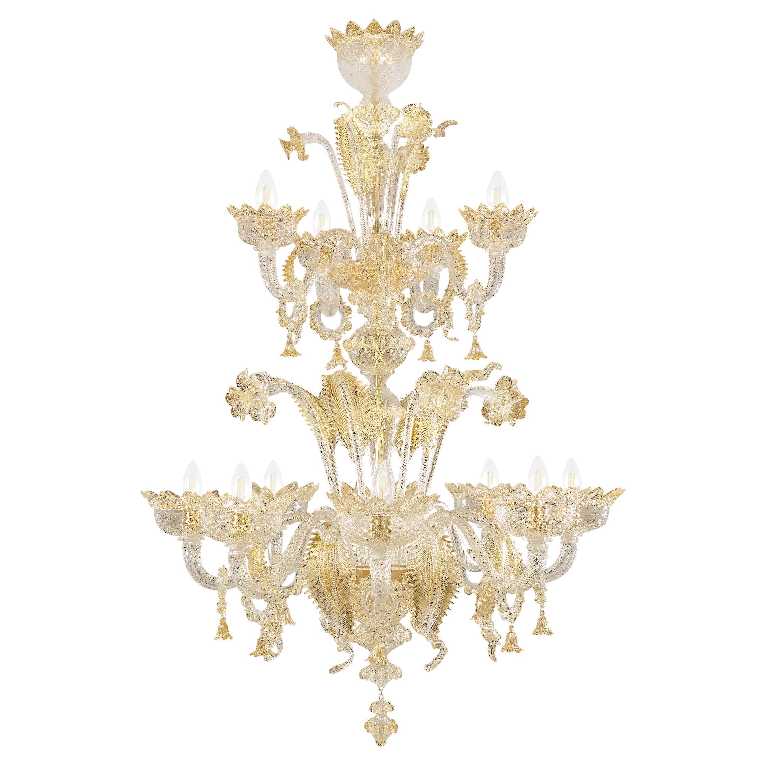 Classic Chandelier 12 Arms clear and gold Murano Glass by Multiforme  