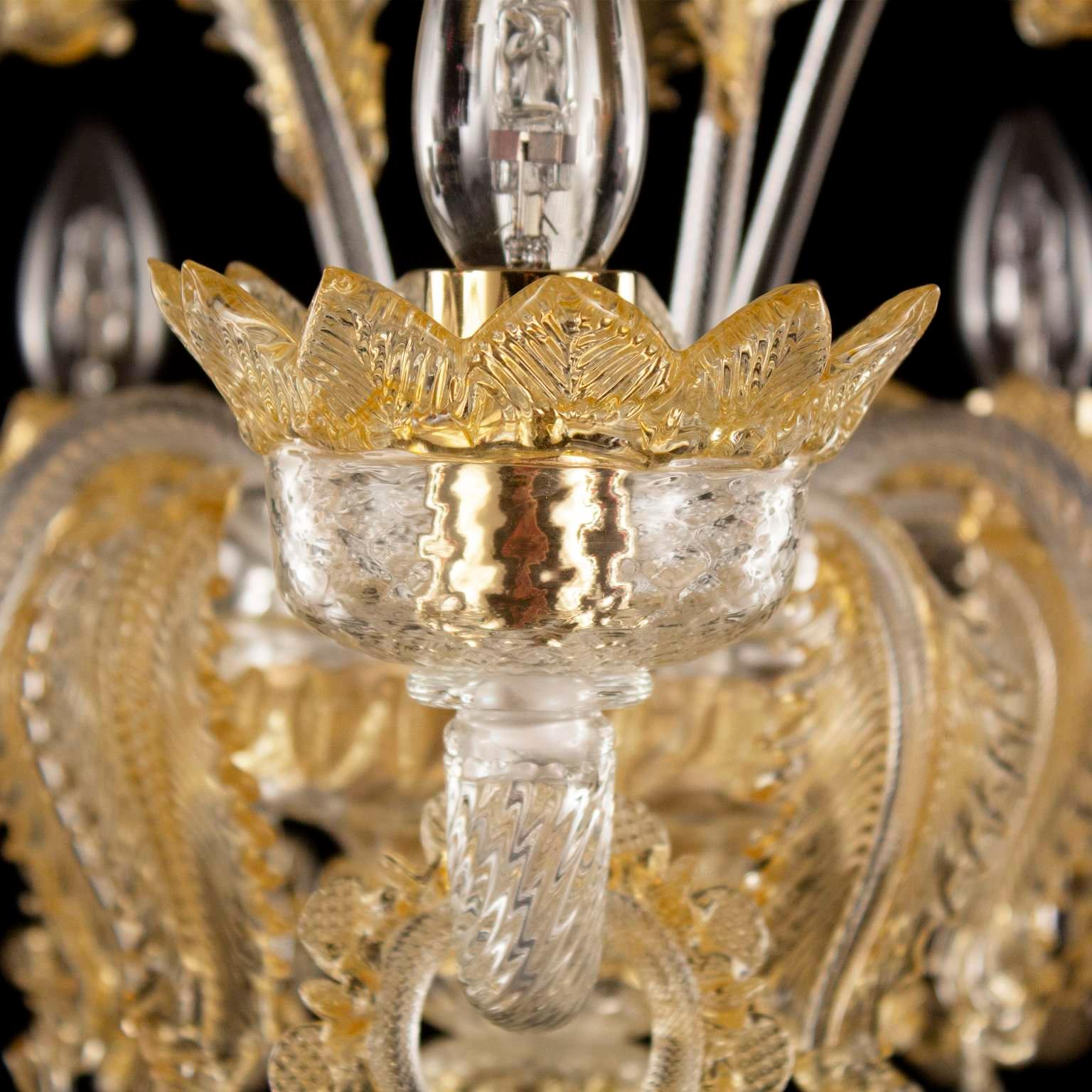 Klassischer Kronleuchter mit 5 Armen aus klarem und bernsteinfarbenem Muranoglas mit Ringen Multiforme (Italienisch) im Angebot