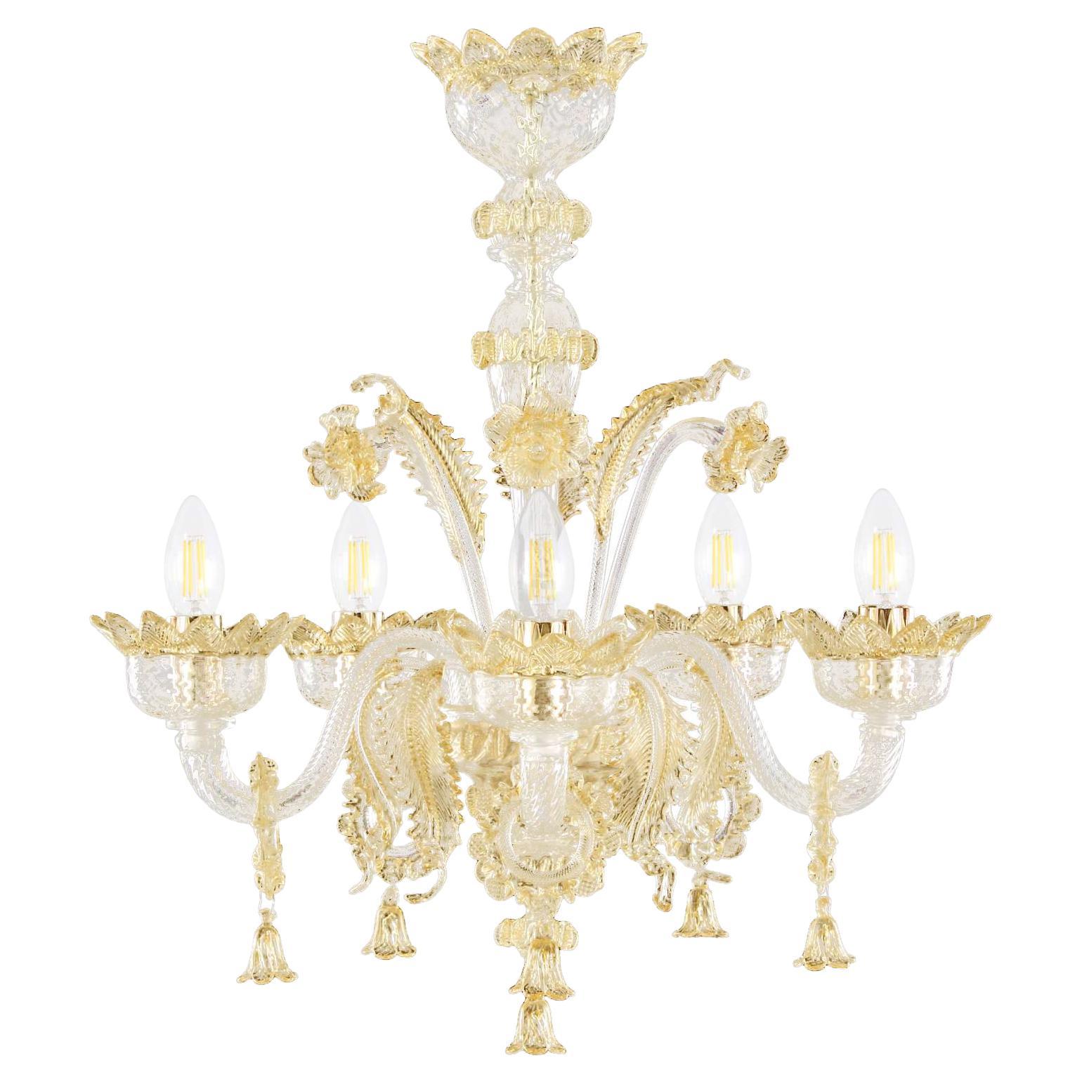 Classic Chandelier 5 Arms Clear and Amber Murano Glass with Rings Multiforme For Sale