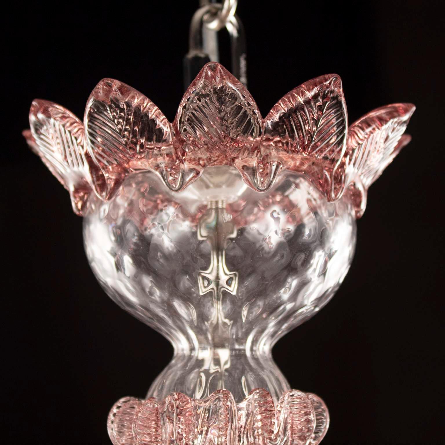 Autre Lustre classique à 5 bras en verre de Murano transparent et améthyste avec anneaux multiforme en vente
