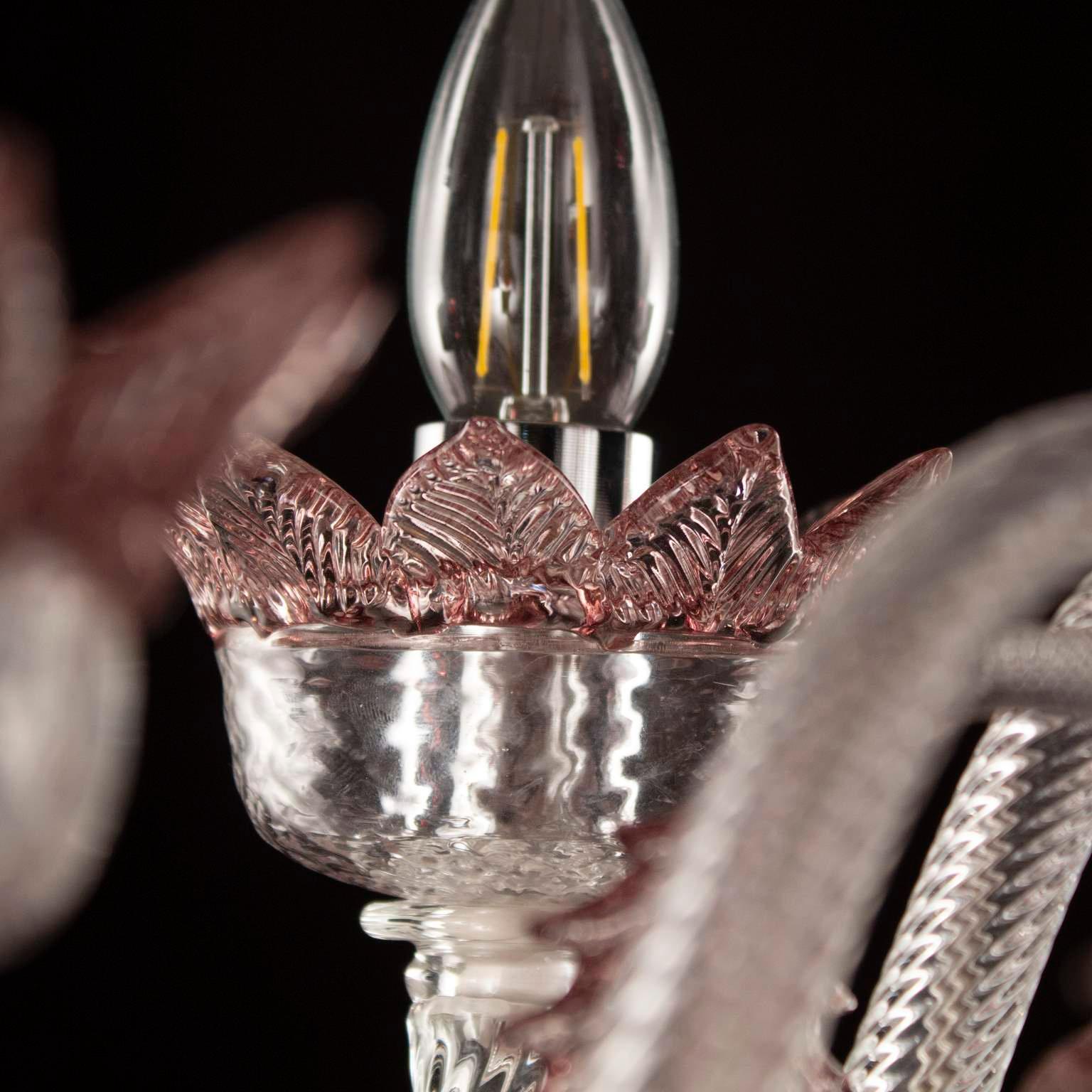 Klassischer Kronleuchter mit 5 Armen aus klarem und Amethyst-Muranoglas mit Ringen, Multiforme (Geblasenes Glas) im Angebot