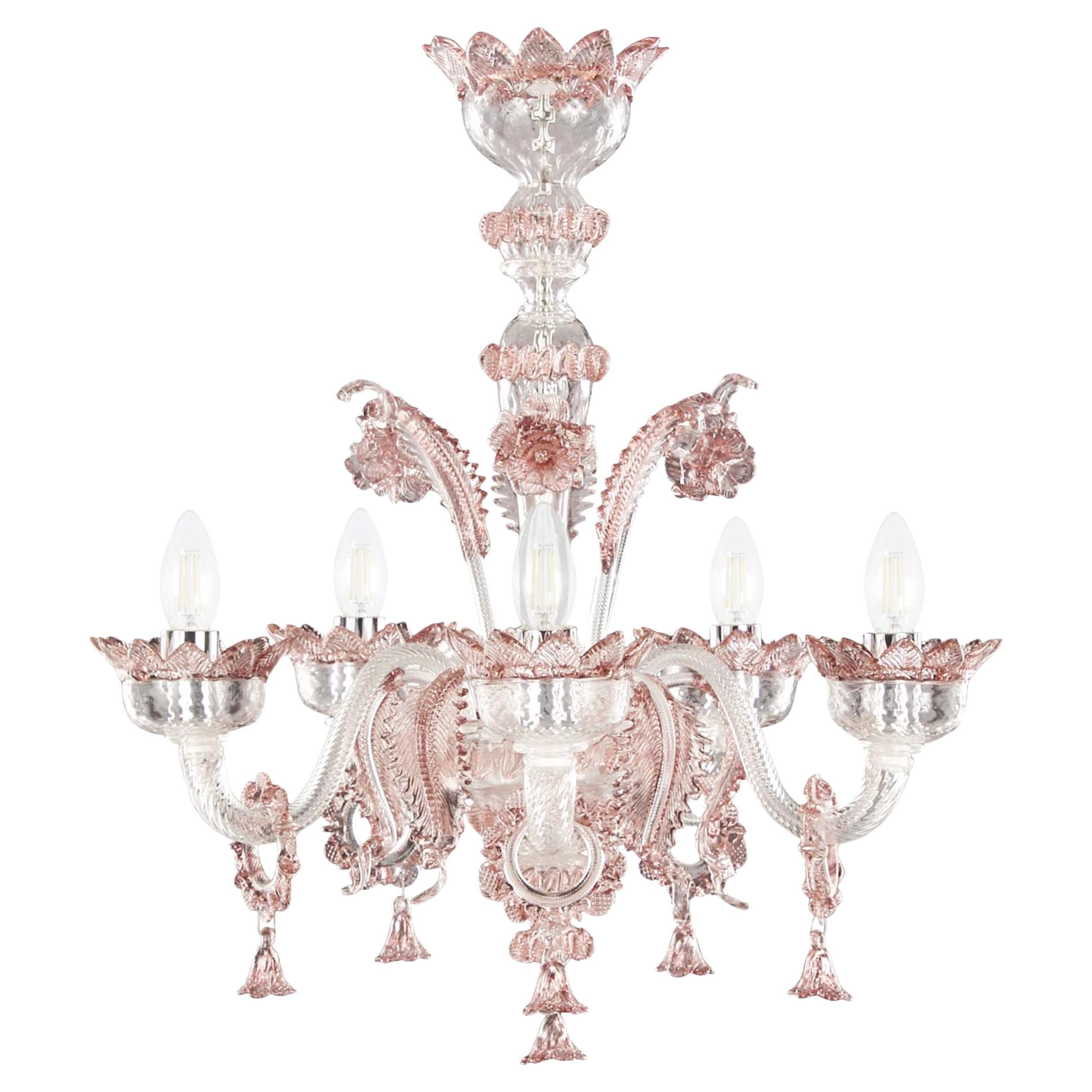 Lustre classique à 5 bras en verre de Murano transparent et améthyste avec anneaux multiforme en vente