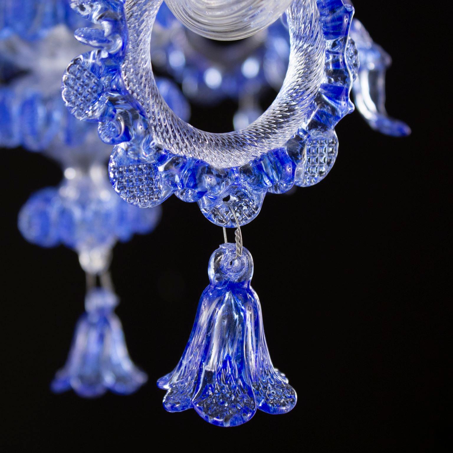 Klassischer 5-Arm-Kronleuchter aus klarem und blauem Muranoglas mit Ringen Multiforme (Italienisch) im Angebot