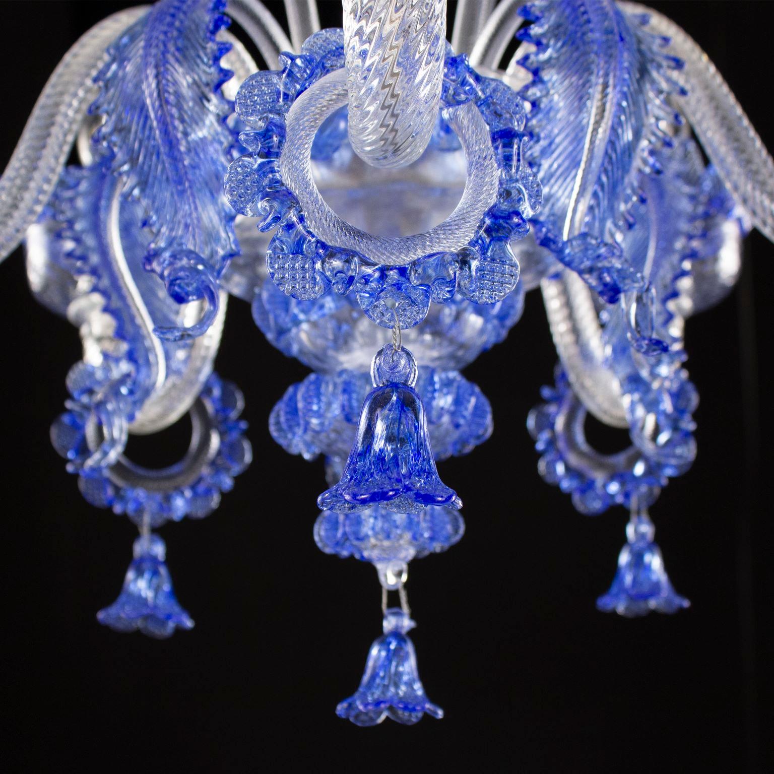 Other Classic Chandelier 5 Arms Clear and Blue Murano Glass with Rings Multiforme For Sale