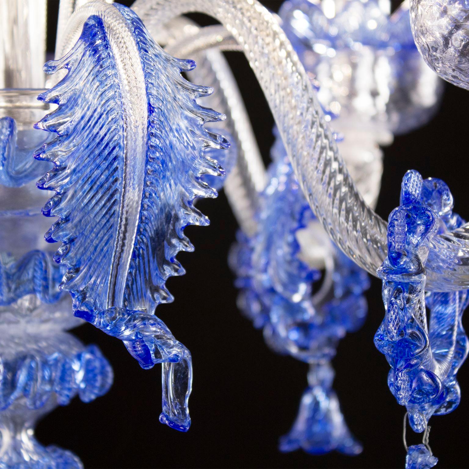 Italian Classic Chandelier 5 Arms Clear and Blue Murano Glass with Rings Multiforme For Sale