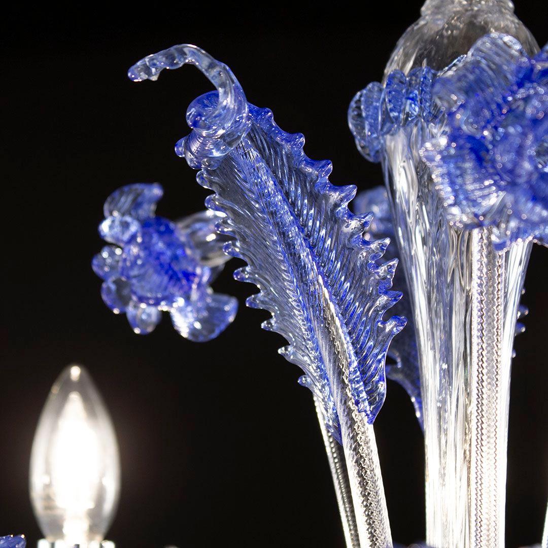 Classic Chandelier 5 Arms Clear and Blue Murano Glass with Rings Multiforme In New Condition For Sale In Trebaseleghe, IT