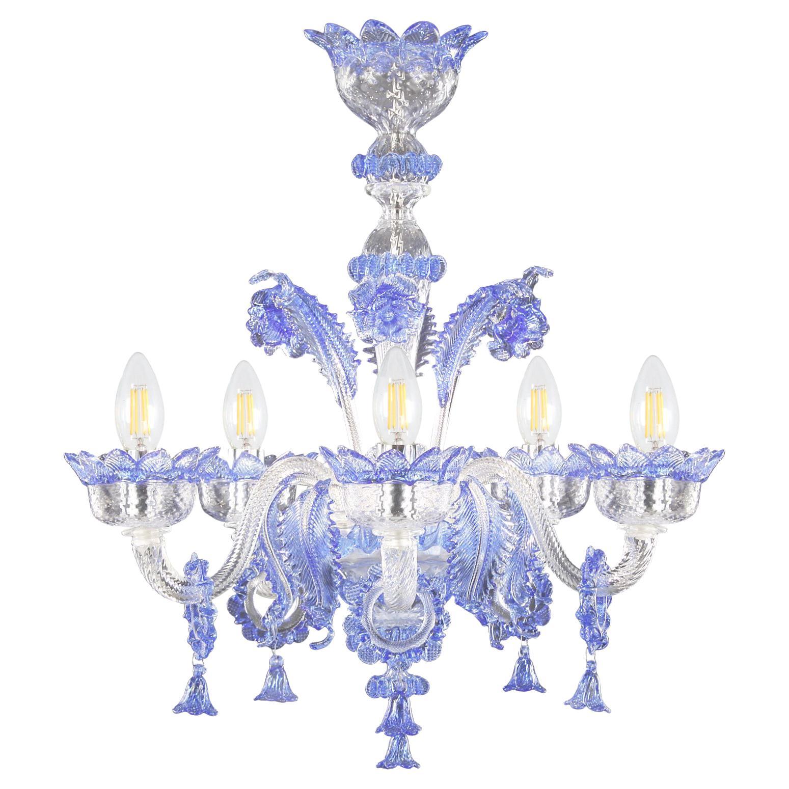 Lustre classique à 5 bras en verre de Murano transparent et bleu avec anneaux multiforme