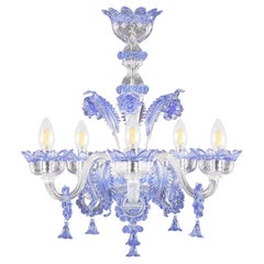 Lustre classique à 5 bras en verre de Murano transparent et bleu avec anneaux multiforme