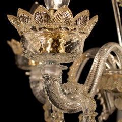 Classic Chandelier 5 Arms Clear and Gold Murano Glass with Rings Multiforme