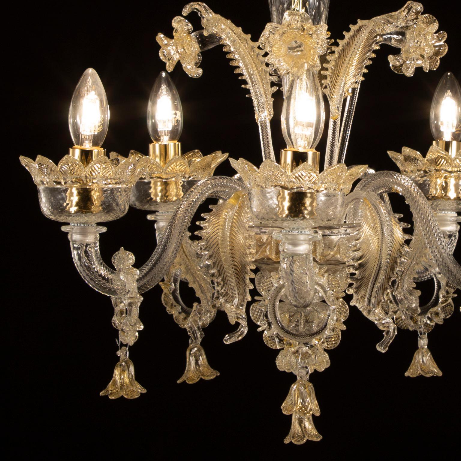 Other Classic Chandelier 5 Arms Clear and Gold Murano Glass with Rings Multiforme For Sale