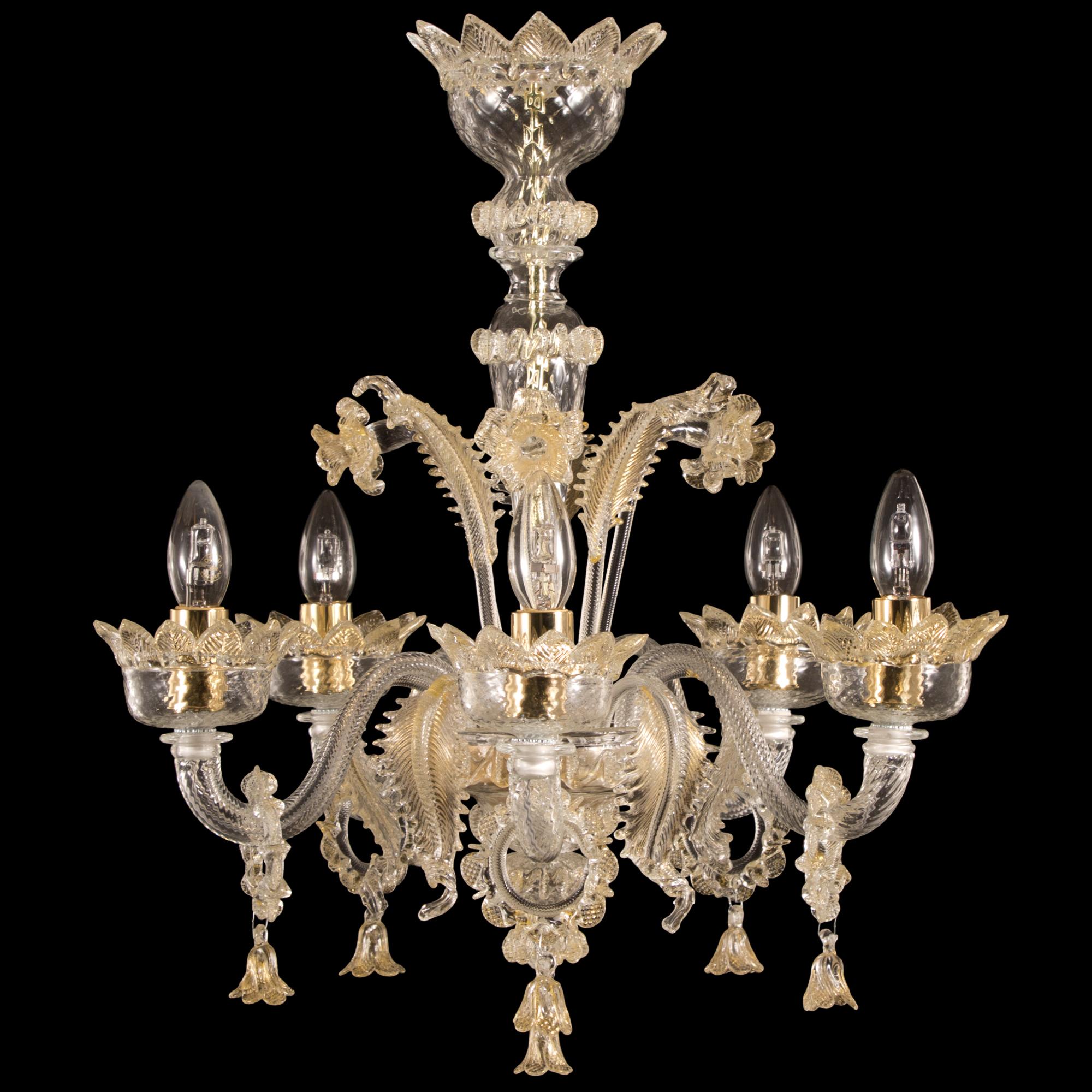 XXI secolo e contemporaneo Lampadario classico a 5 bracci in vetro di Murano trasparente e oro con anelli multiforme in vendita